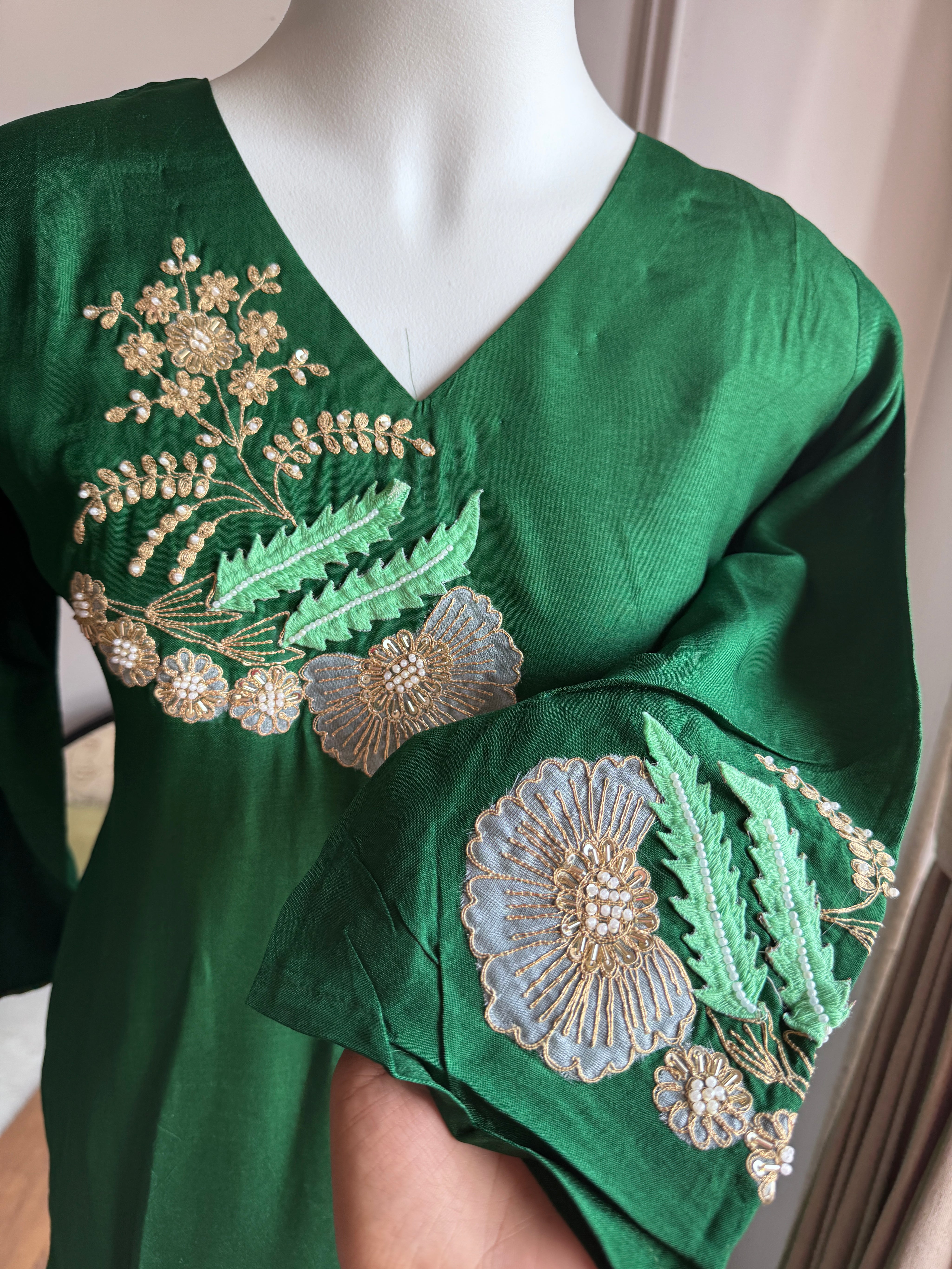 Purti Handwork Dress- Bottle Green