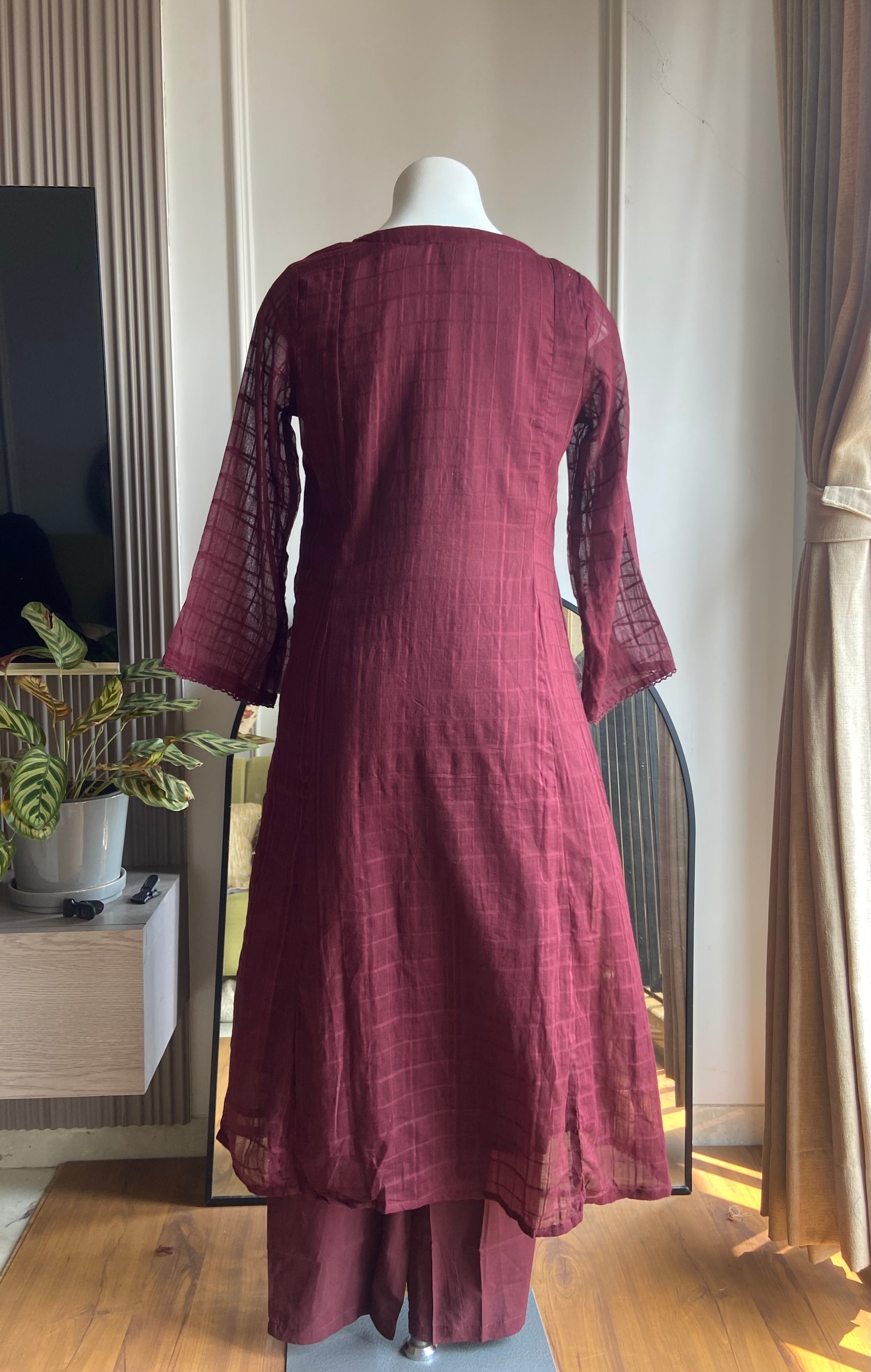 Somya pure mul cotton embroidered dress- wine