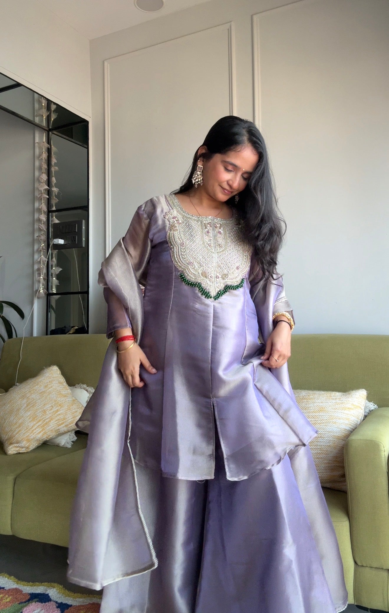 Shanaya Organza Emerald Necklaces Yoke Short Kurta With Plazzo- Lilac
