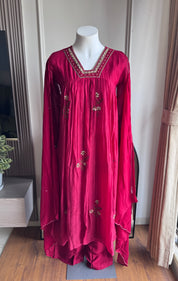 Nishtha Handwork Mul Chanderi Aline Dress- Maroon