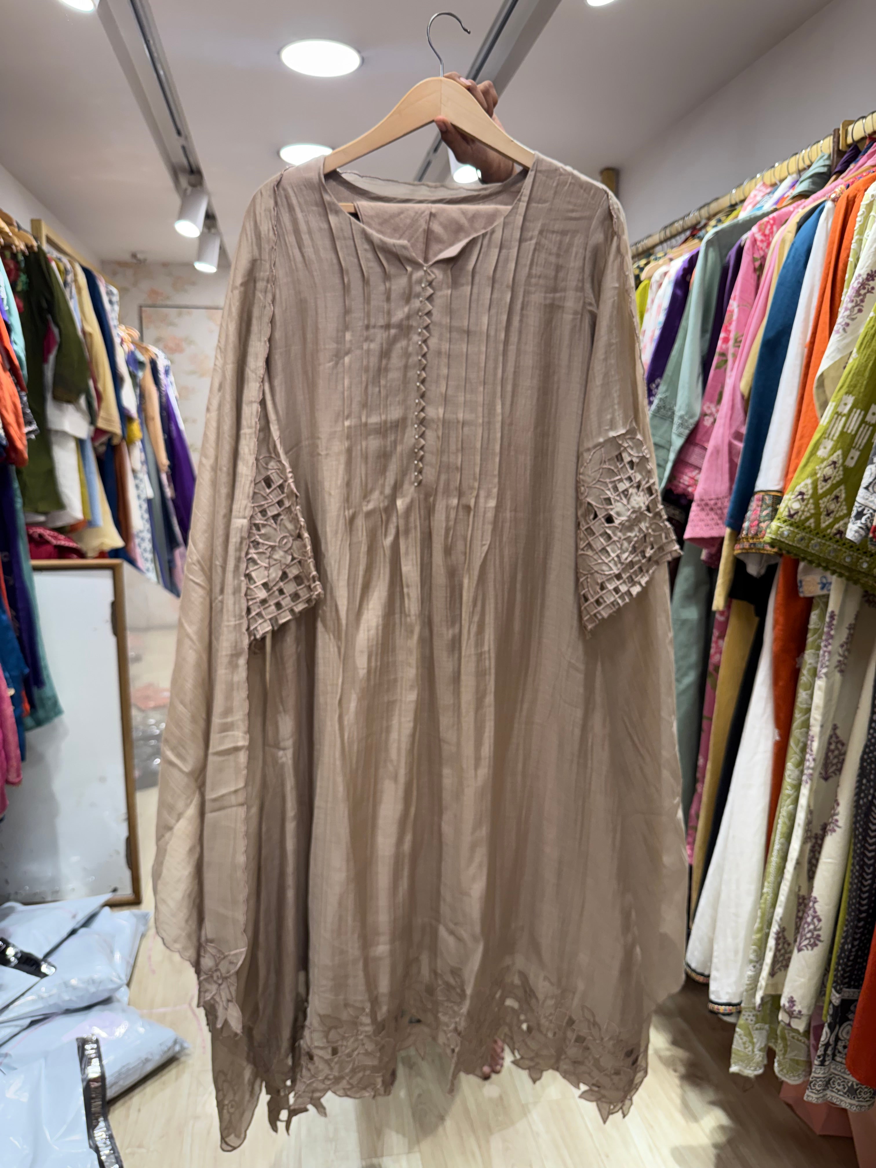 Eshika Mul Chanderi Cut Work Dress- Grey