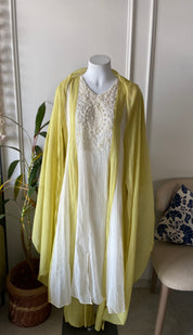 Fatima hand work dual tone dress- lemon yellow and white