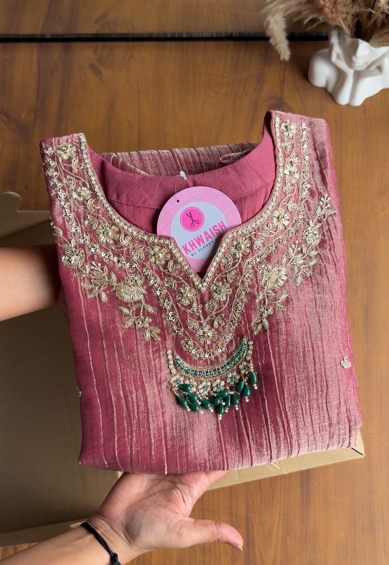 Saumya Green Emerald Hand Work Dress- Pink