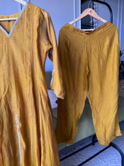 Naina Handwork Mul Chanderi Dress- Musturd