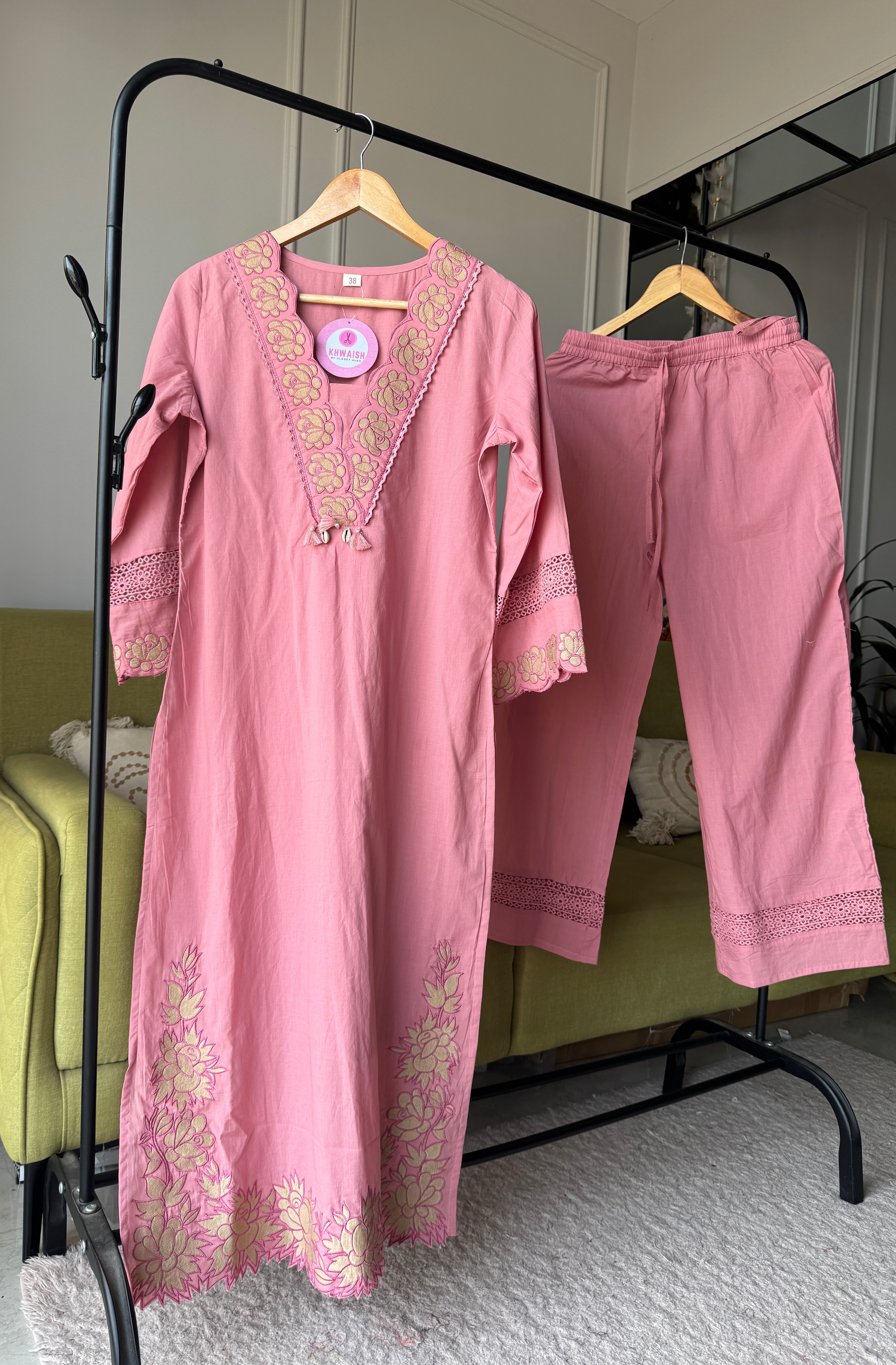 Monika Scalloped Neck Embroided Dress- Baby Pink