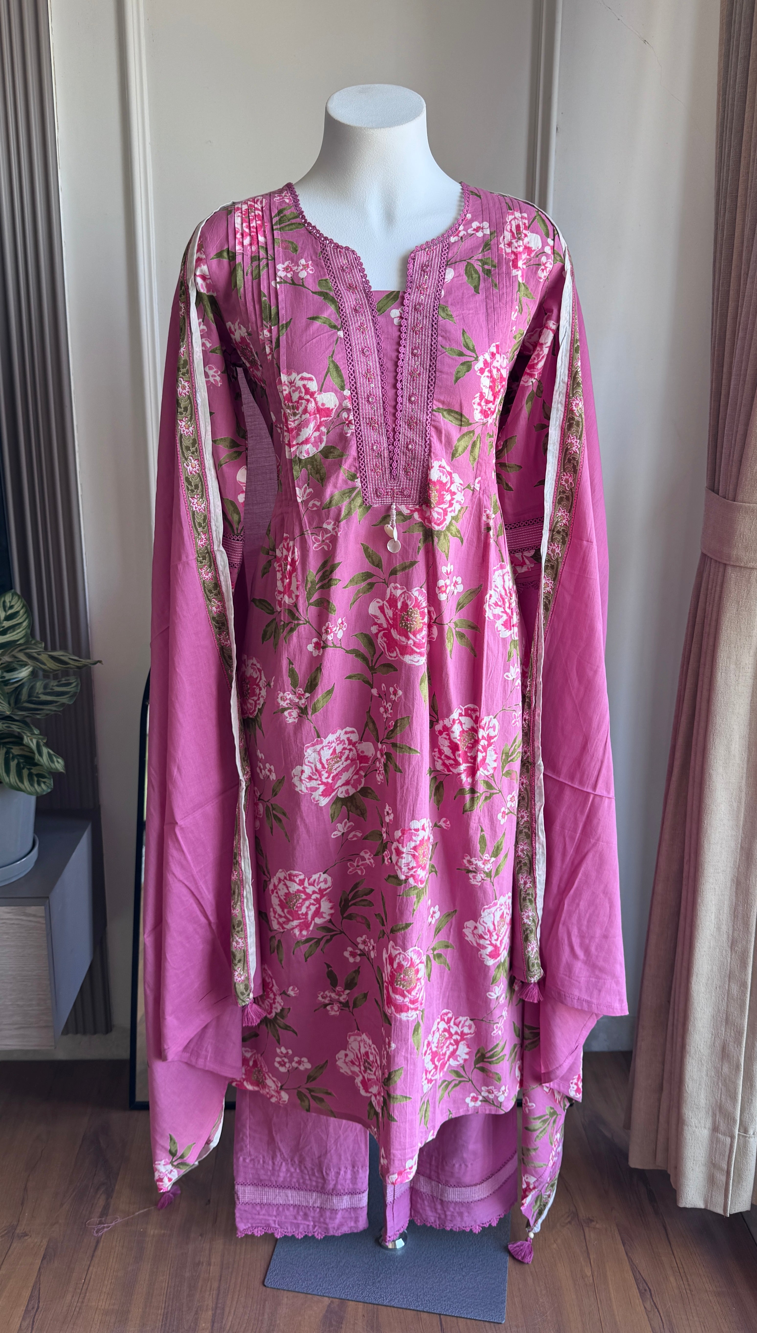 Yamini Floral Print Cotton Dress- Pink
