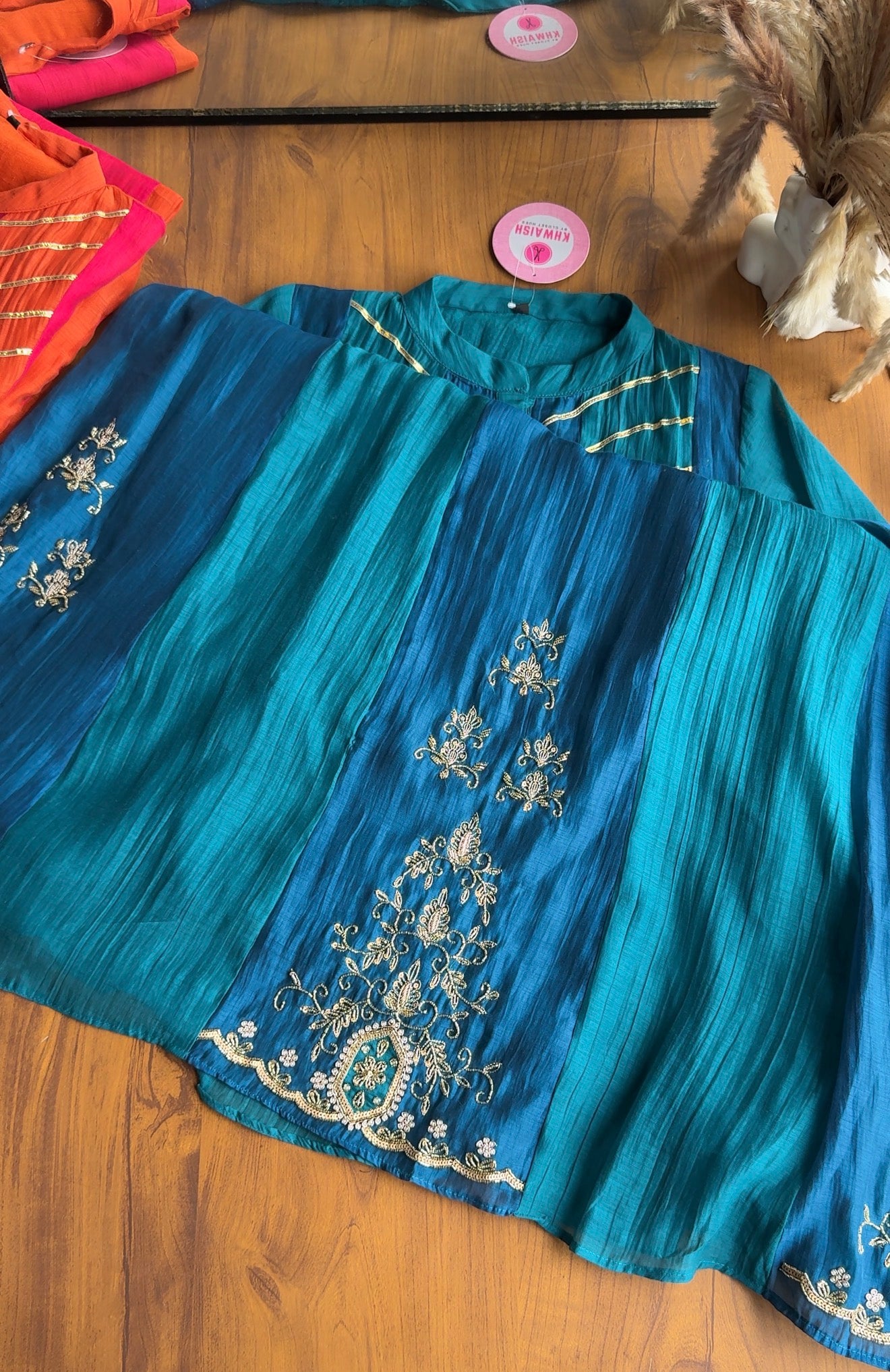 Neha Contrast Kali Handwork Anarkali Dress- Blue (Pre Order 12 Days)