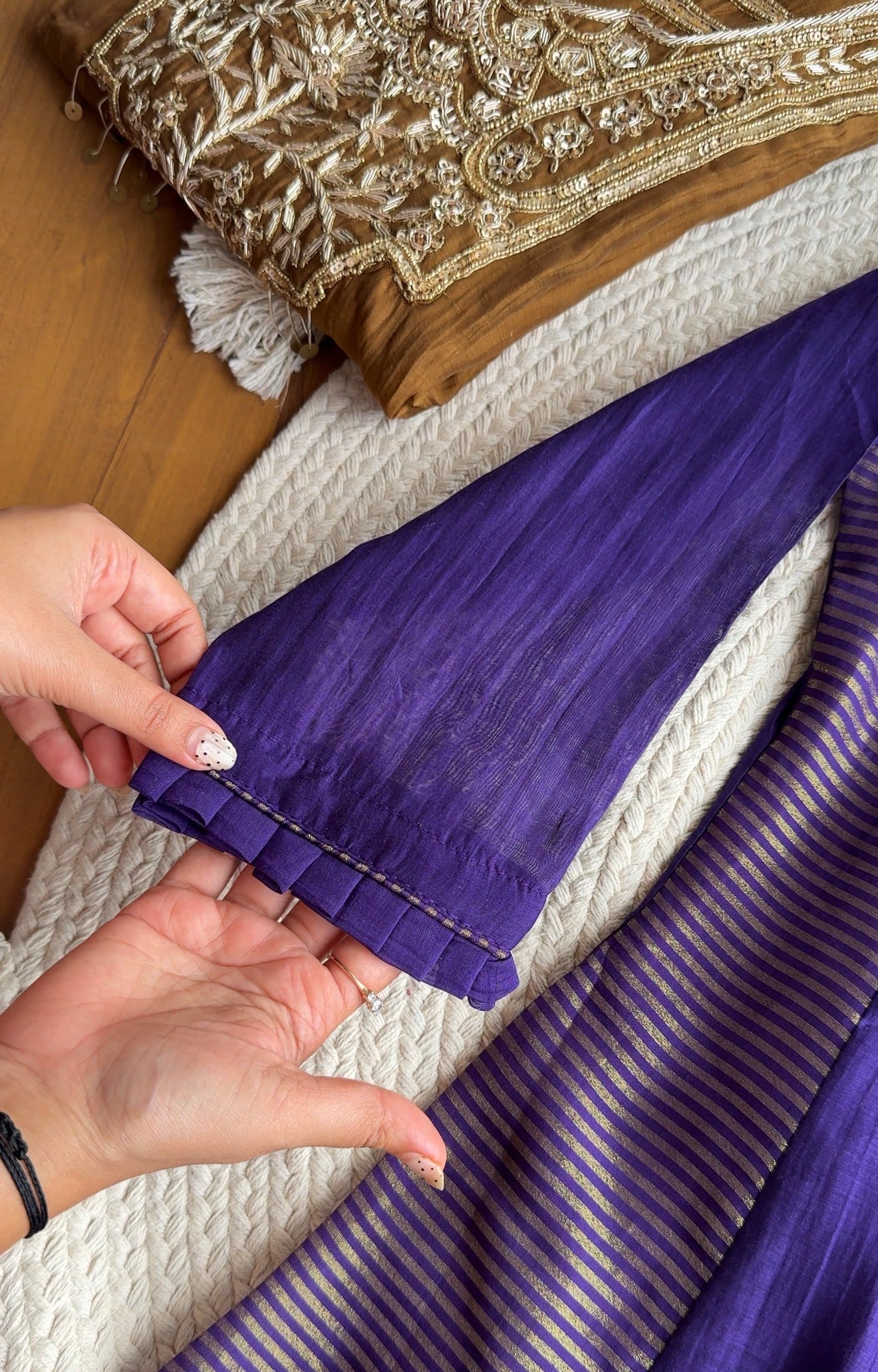 Simran Hand Zardosi Tissue And Mul Chanderi Aline Dress- Purple