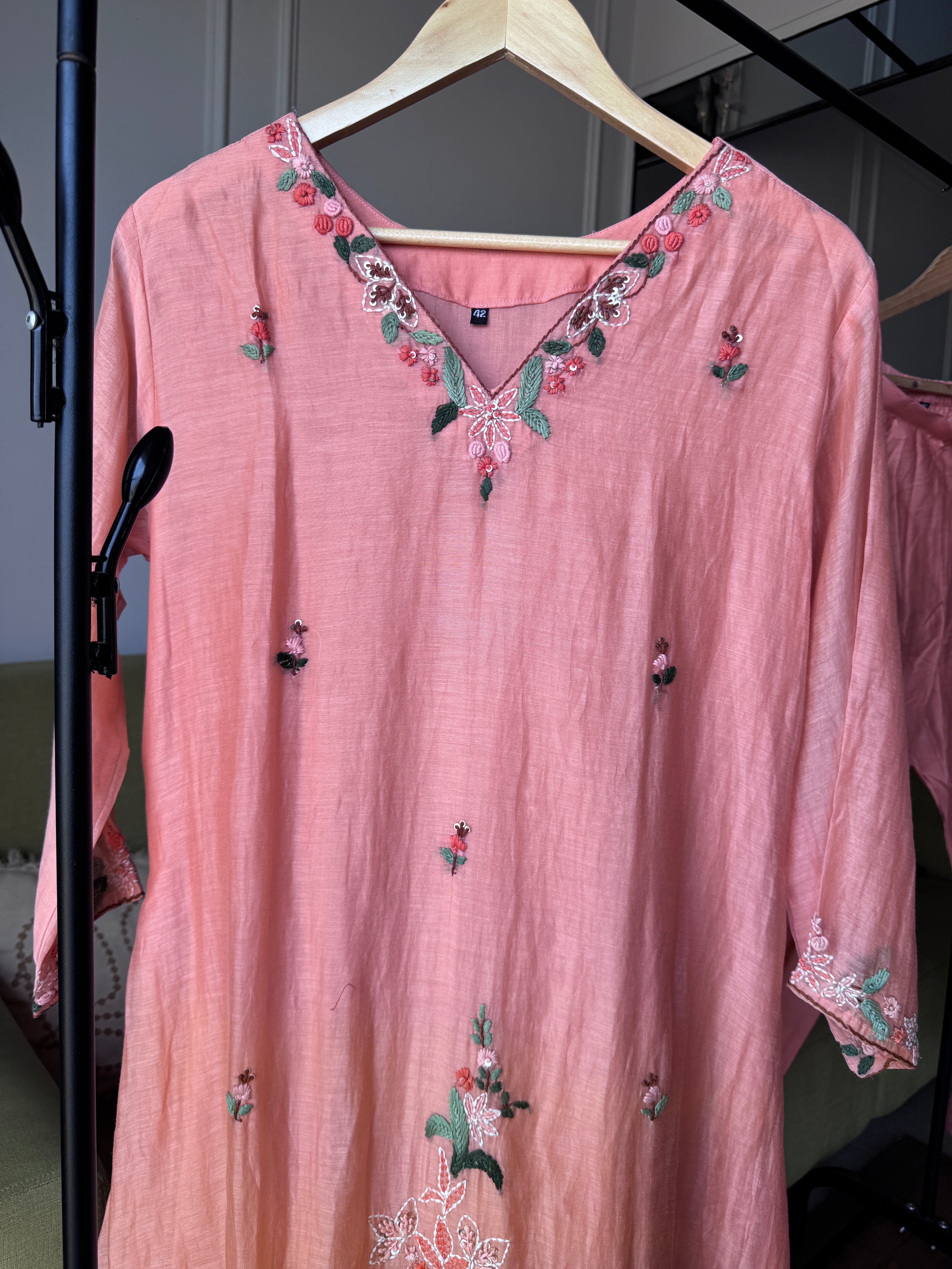 Apoorva Katha Work Mul Chanderi Dress- Peach (Make to Order)