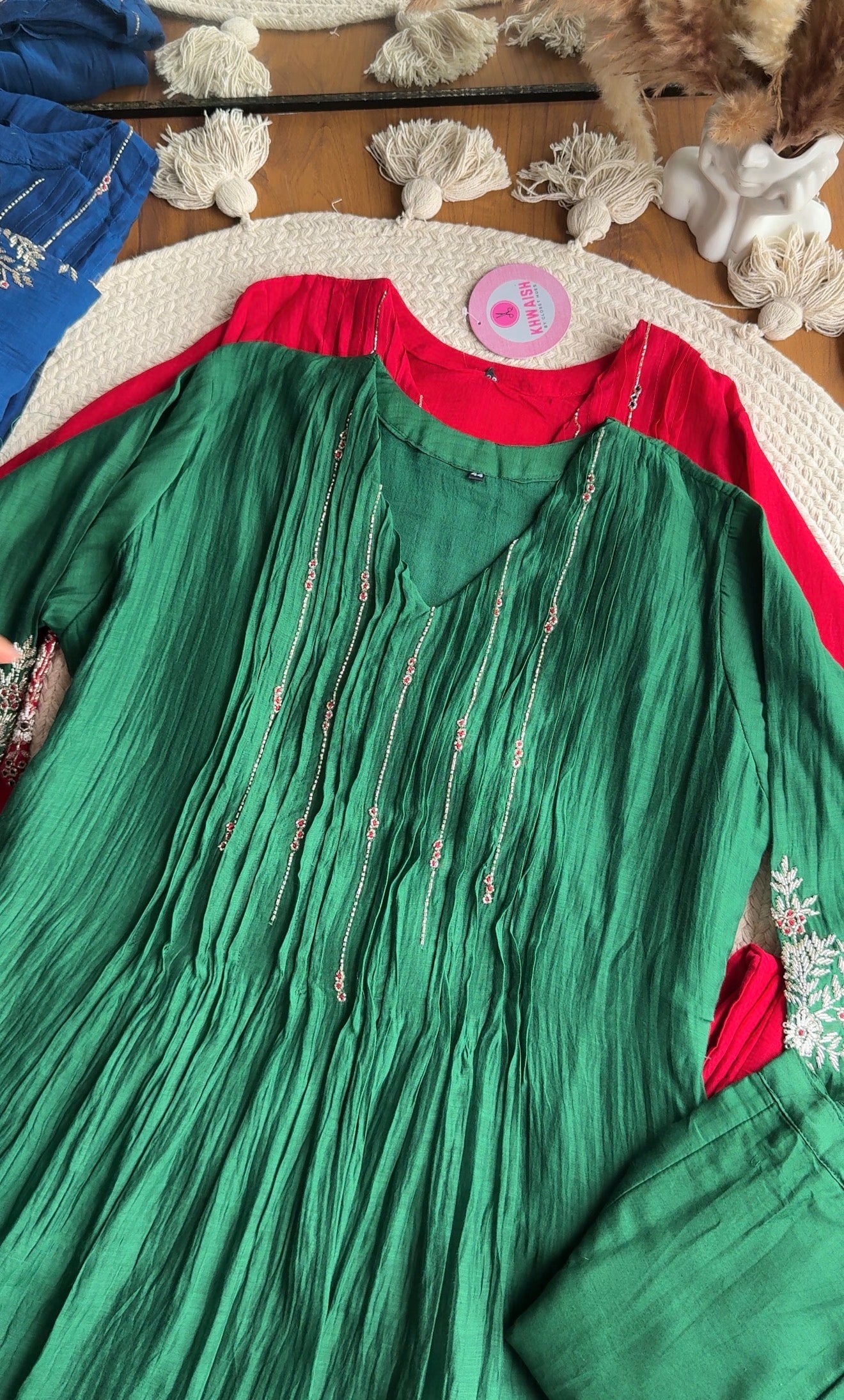 Shubhi aline Mul Chanderi Hand Work Dress- Green