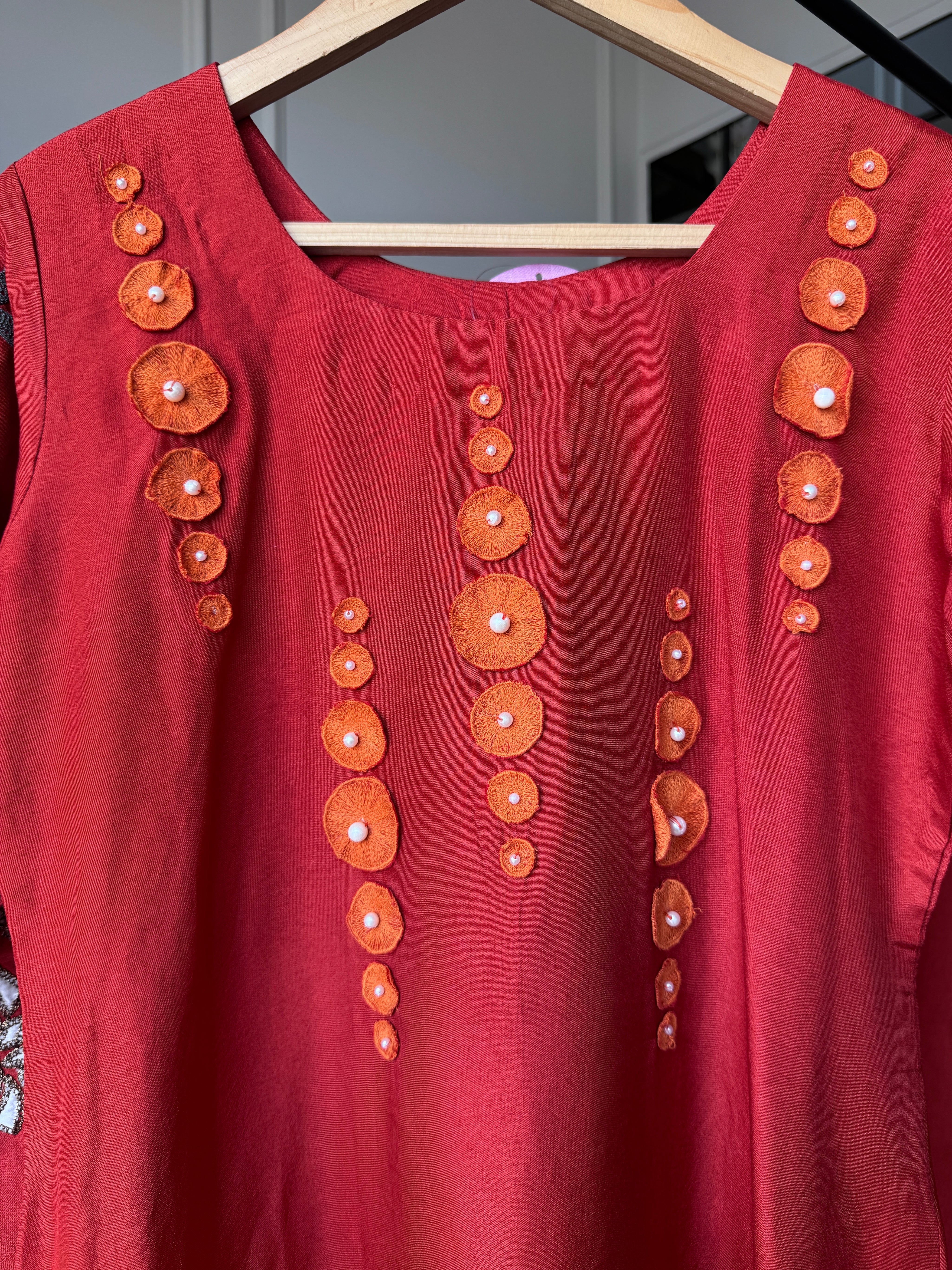 Meenal Handwork Russian Silk Dress-Rust