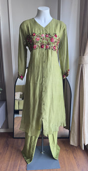 Nehal Embroided Mul Chanderi Dress- Green (Make to Order)