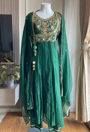 Ayesha angrakha hand zardosi Anarkali dress-Bottle Green
