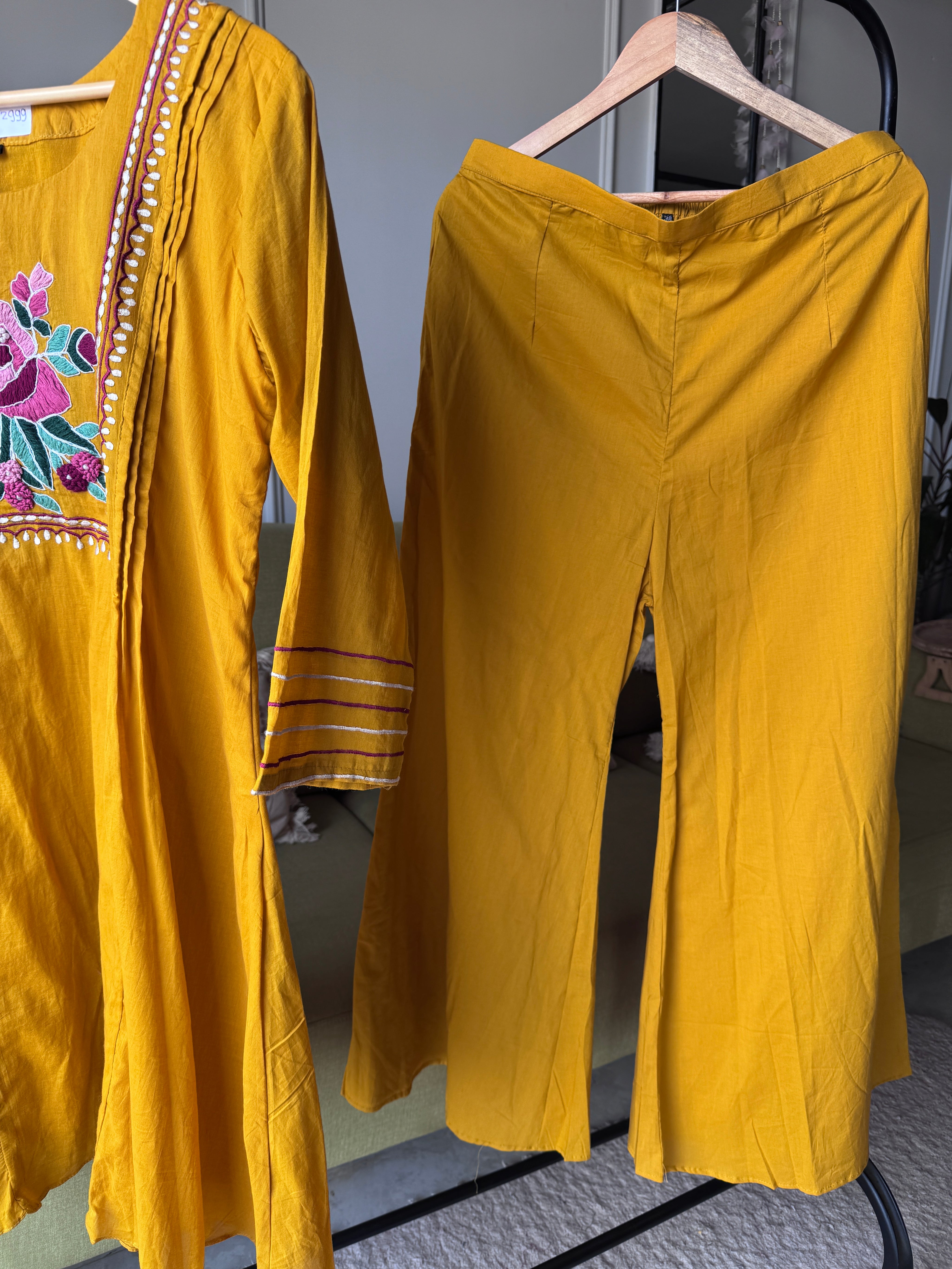 Niki Embroided Mul Cotton Dress- Musturd