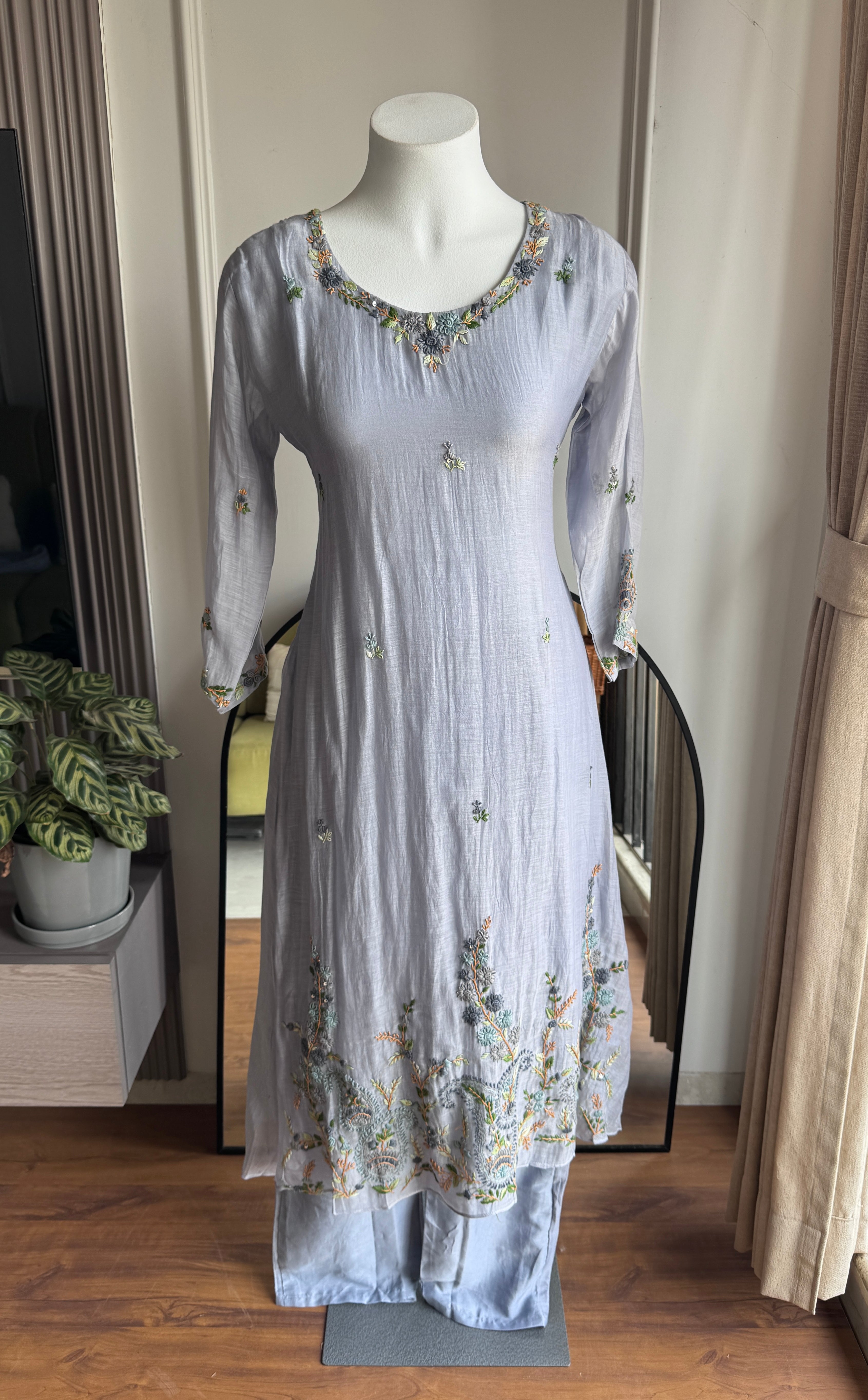 Hrida Katha Work Mul Chanderi Dress- Grey (Make to Order)