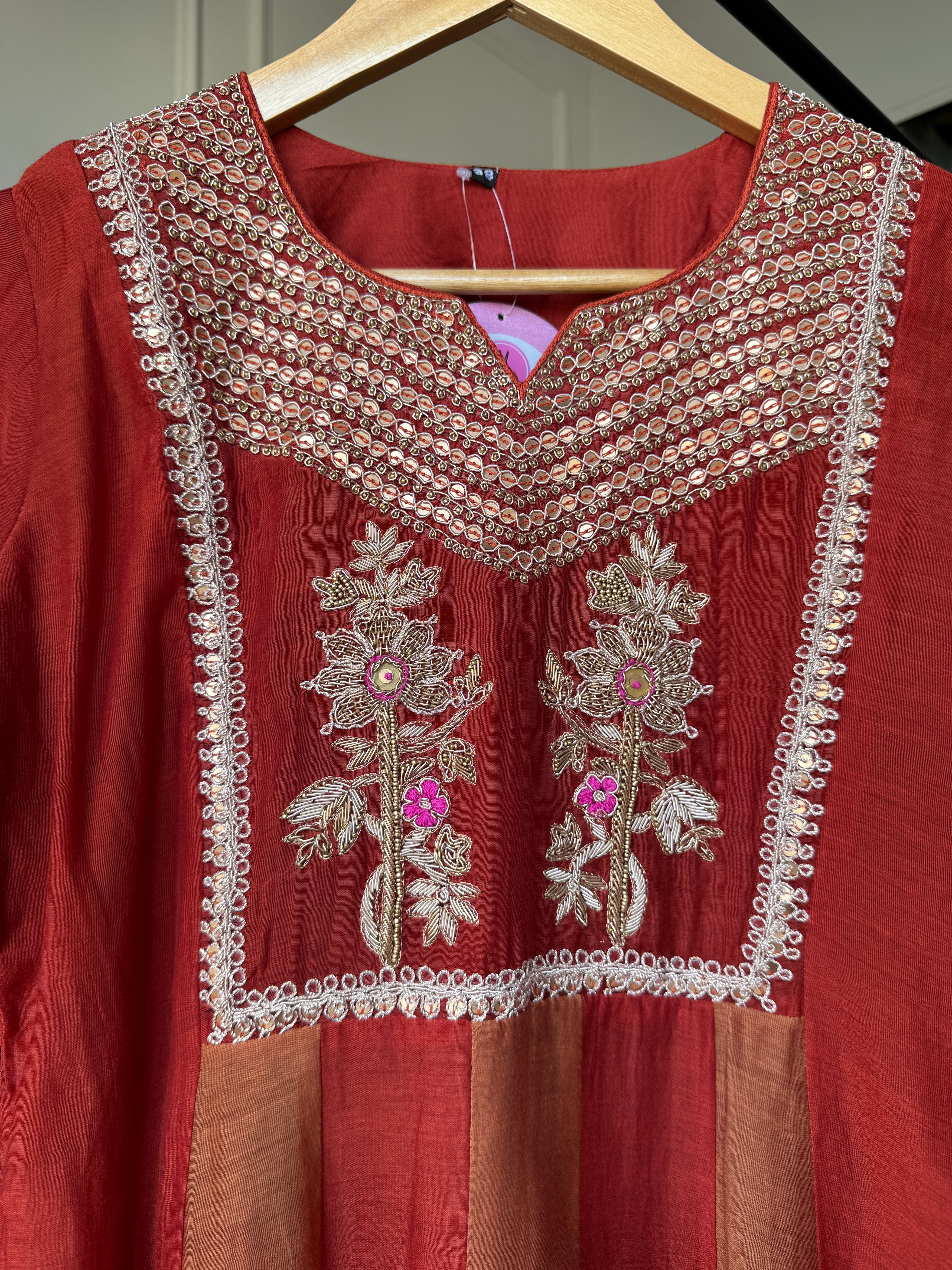 Twinkle Handwork Mul Chanderi Dress- Rust