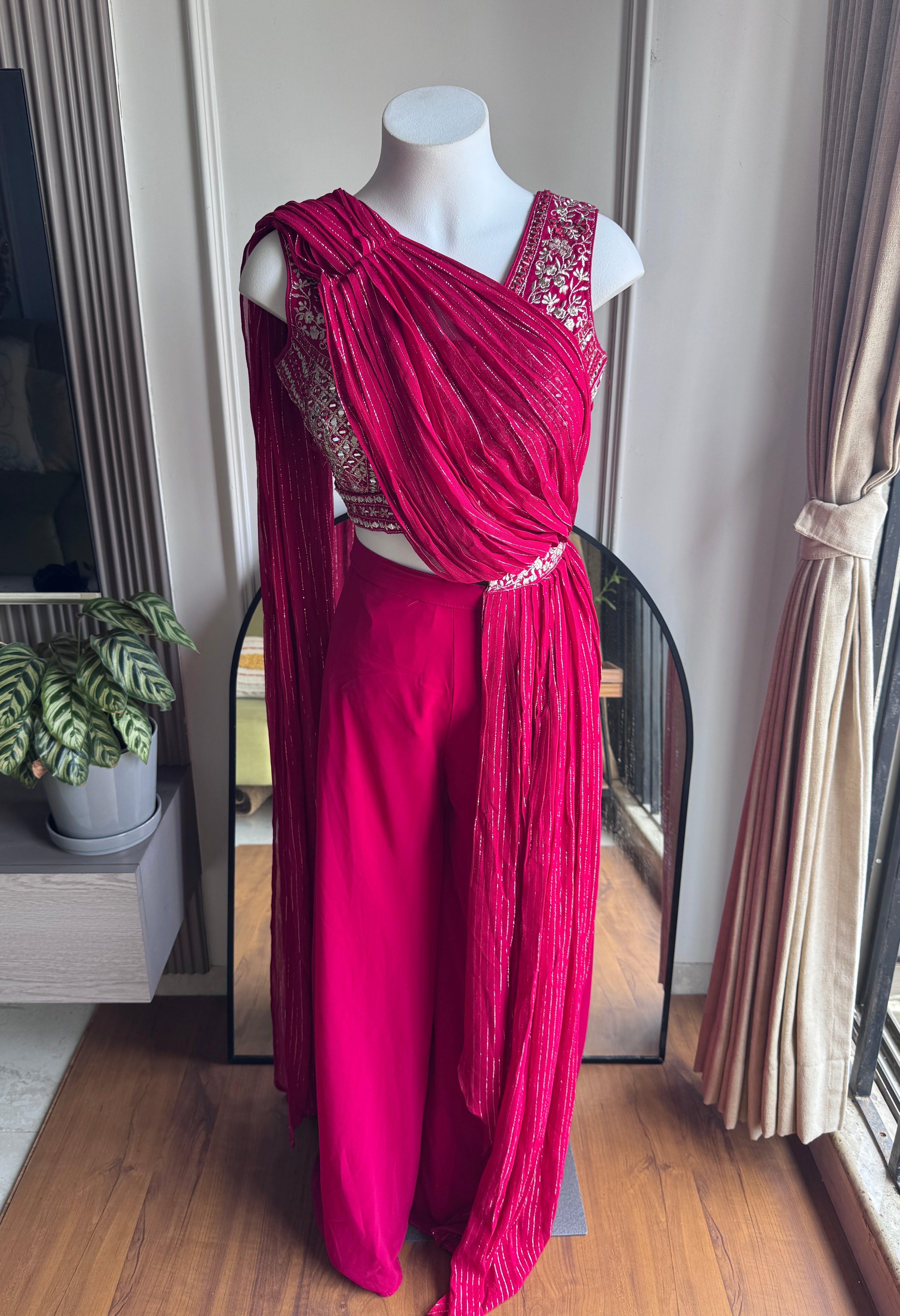 Rina Handwork Draped Sare with Plazzo Set- Maroon