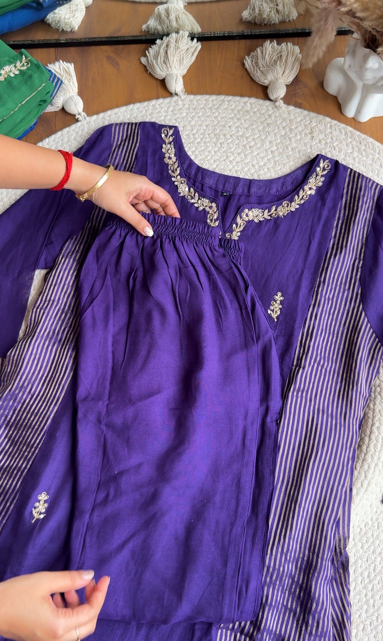 Sunaina Striped Tissue with Mul Chanderi Dress- Purple