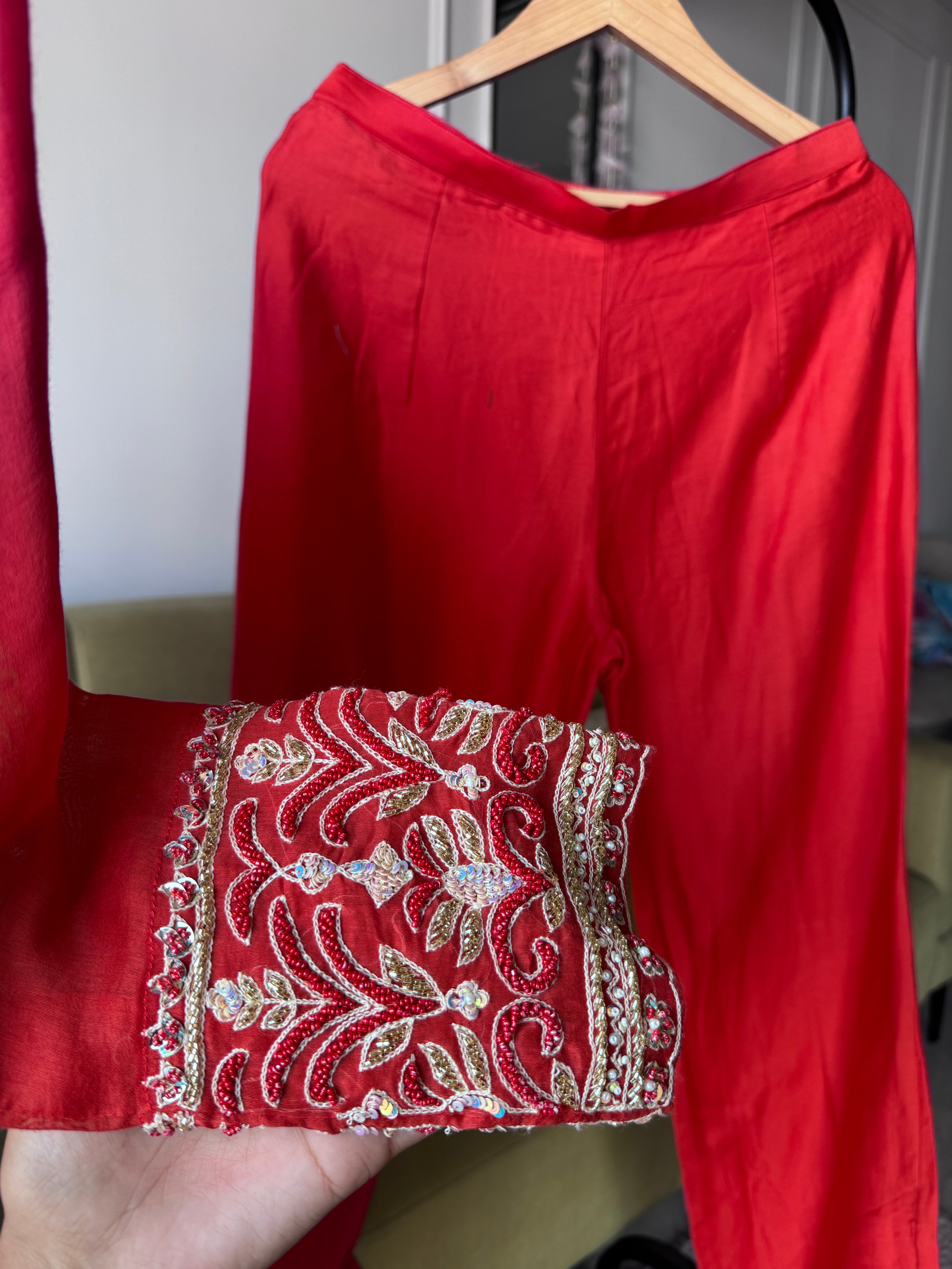Shreya Sleeves Handwork Mul Chanderi Dress- Rust