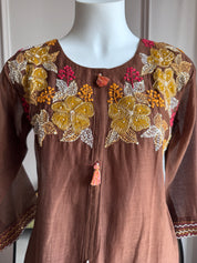 Soniya Handwork Mul Chanderi Set- Brown(Make to Order)