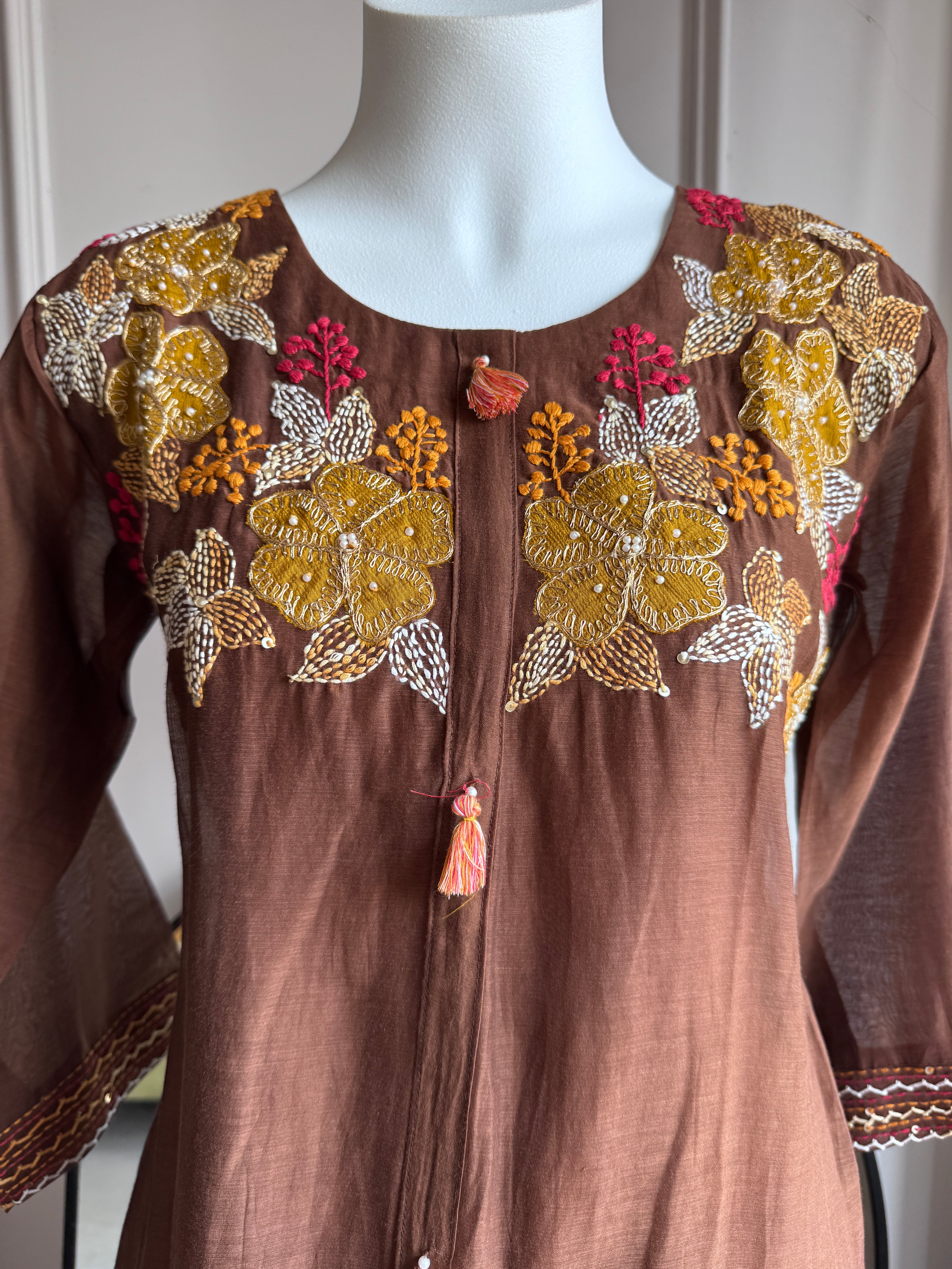 Soniya Handwork Mul Chanderi Set- Brown(Make to Order)
