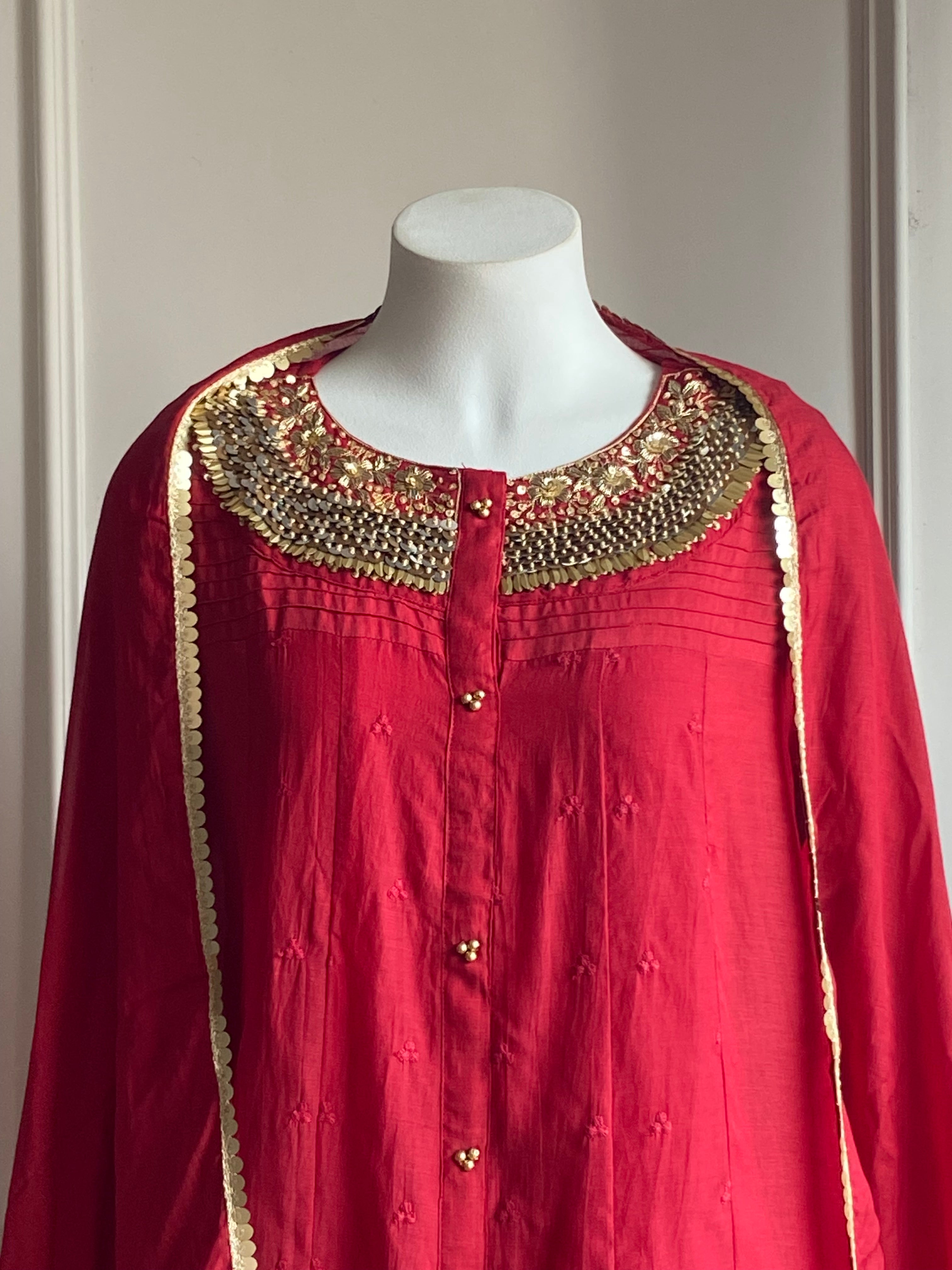 Yukti Handwork Mul Chanderi Dress- Red