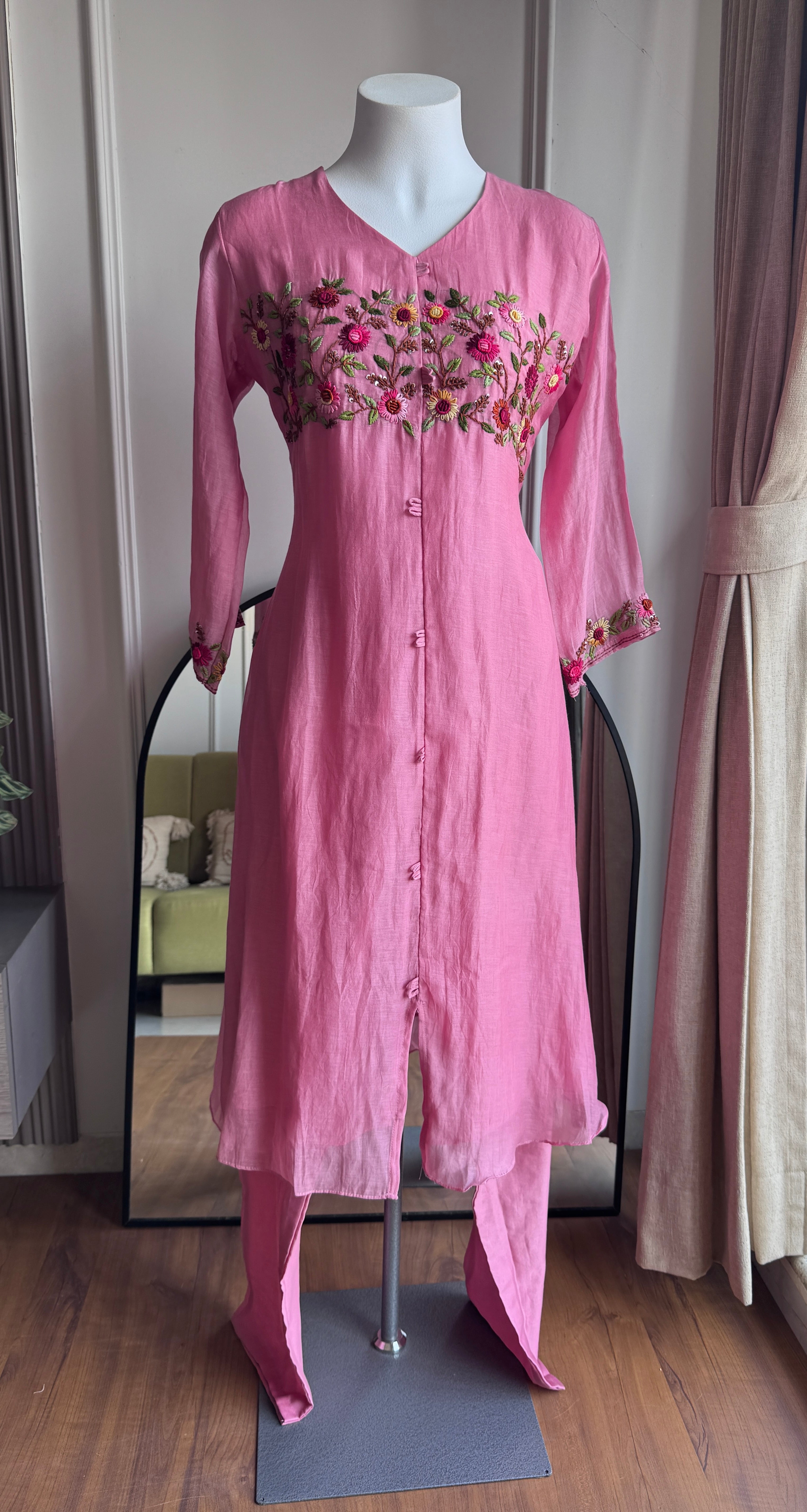 Nehal Embroided Mul Chanderi Dress- Pink (Make to Order)