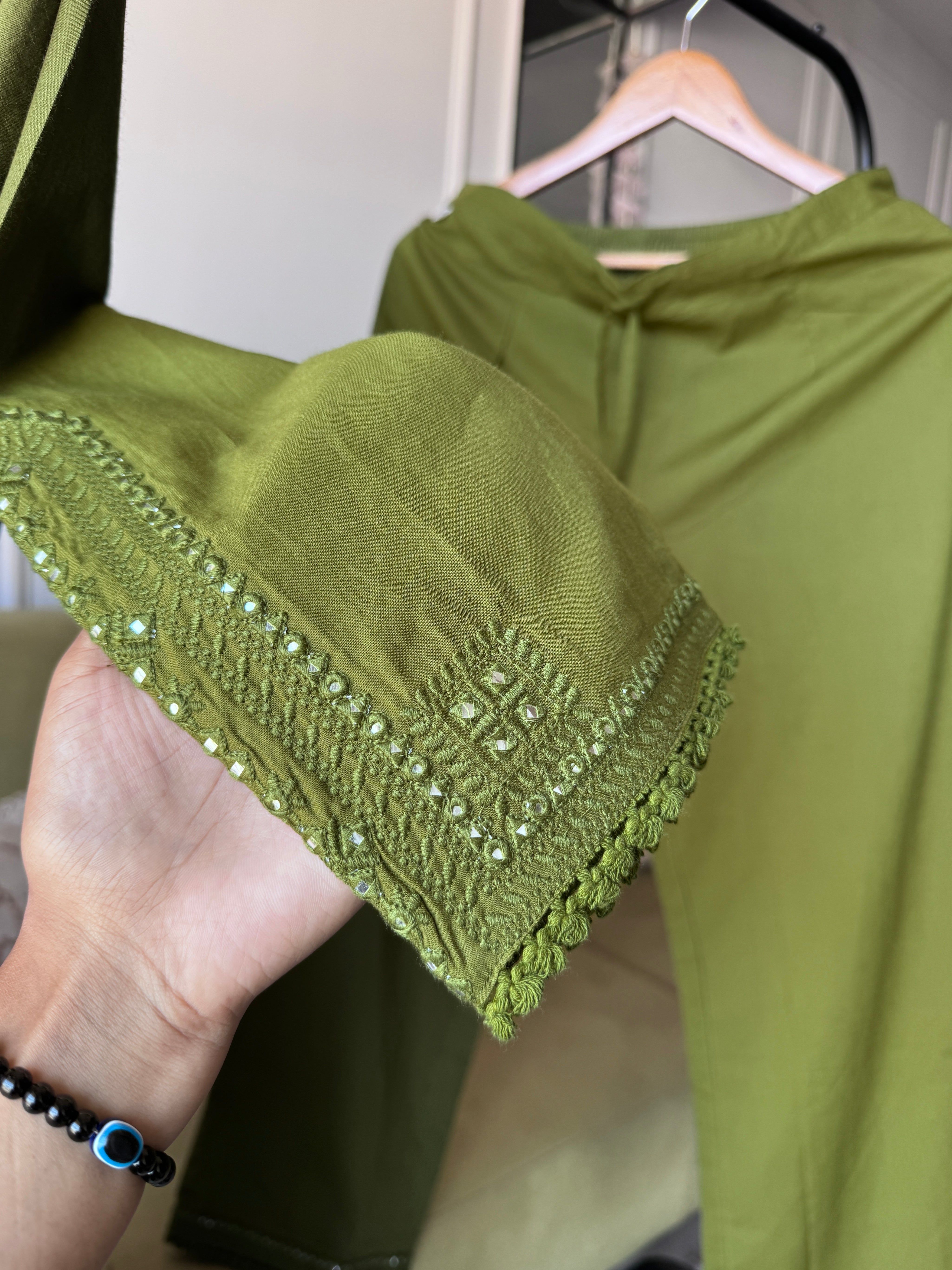 Tanya Embroided Cotton Dress- Green