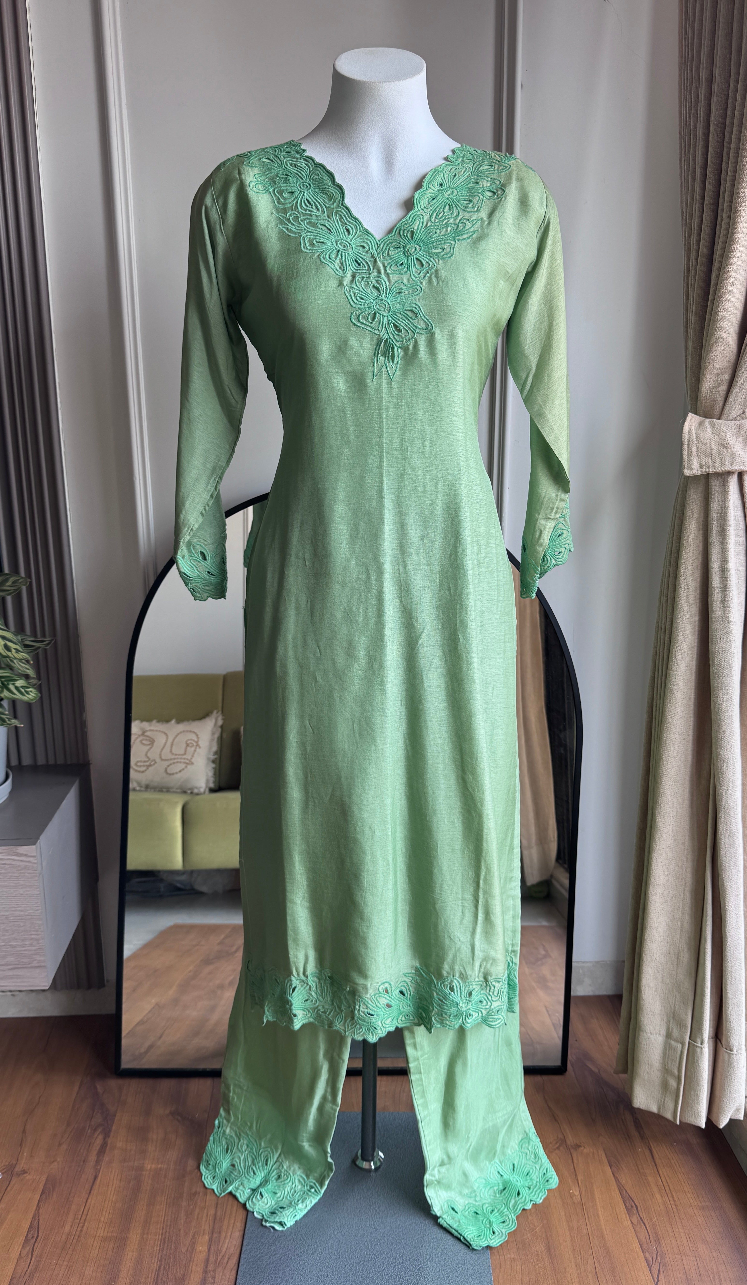 Krisha Cut Work Dress- Pista Green