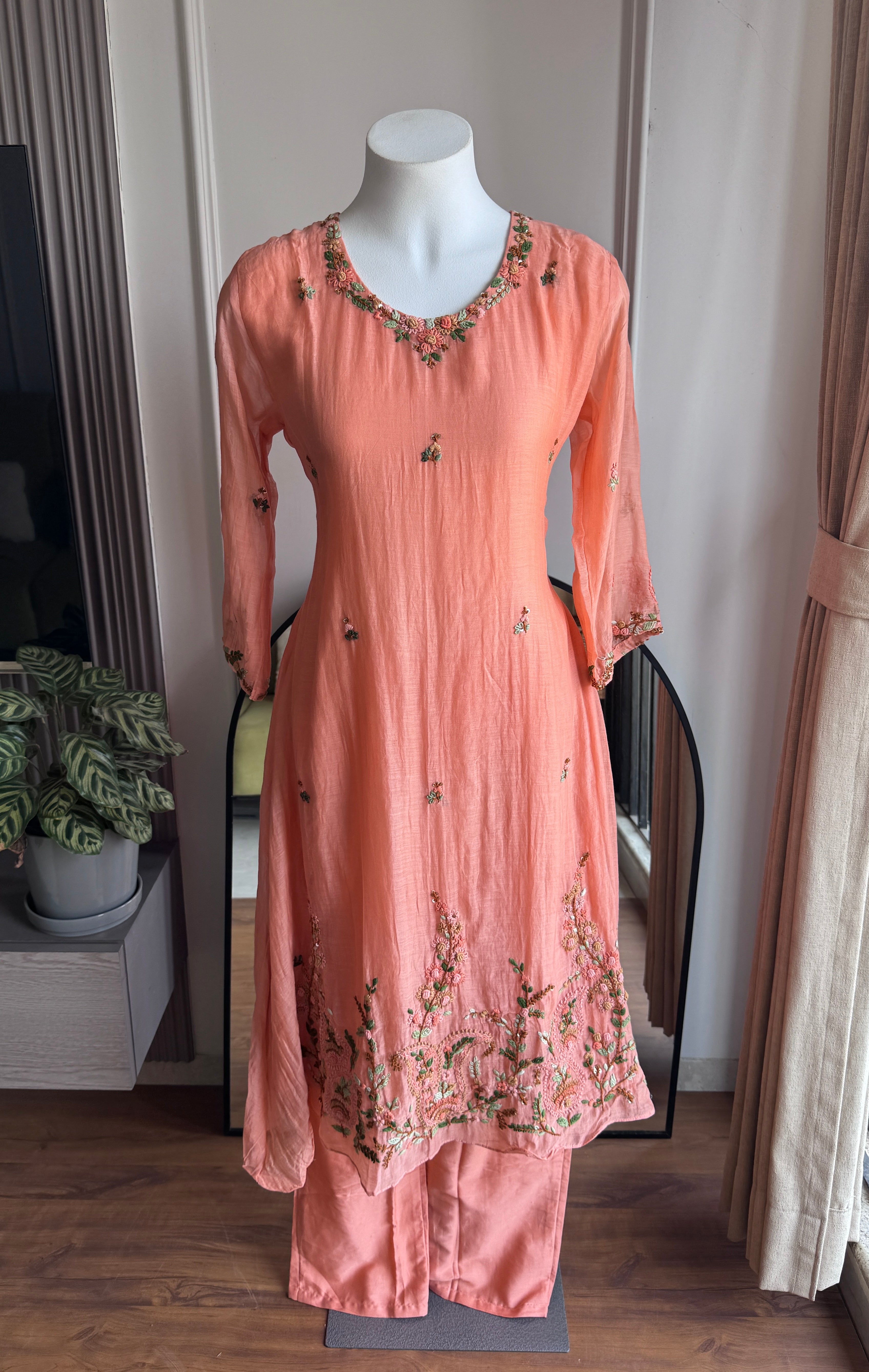 Hrida Katha Work Mul Chanderi Dress- Peach (Make to Order)