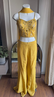 Swara Mirror Work Corset With Fish Cut Plazzo Coord Set- Yellow