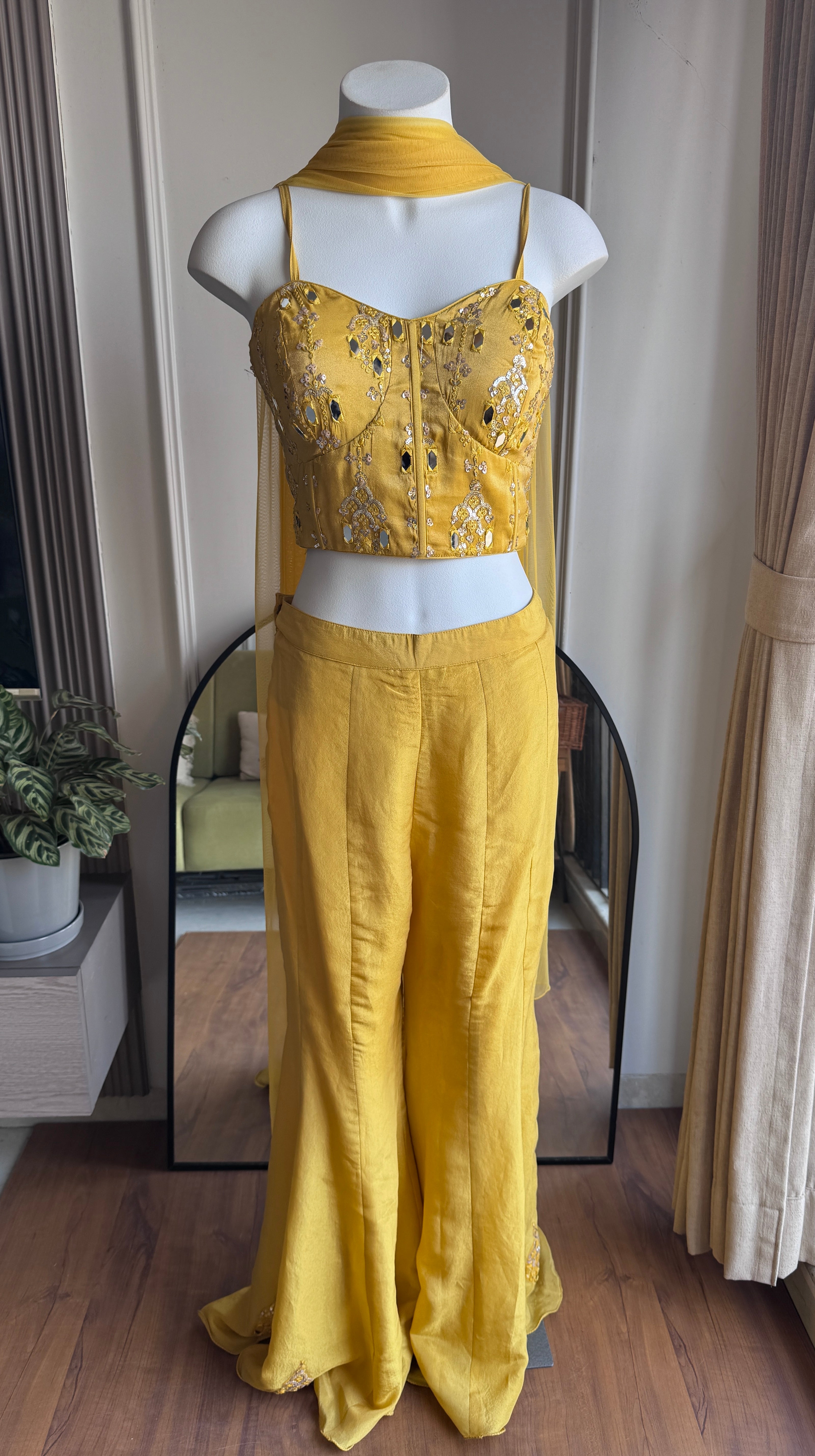 Swara Mirror Work Corset With Fish Cut Plazzo Coord Set- Yellow