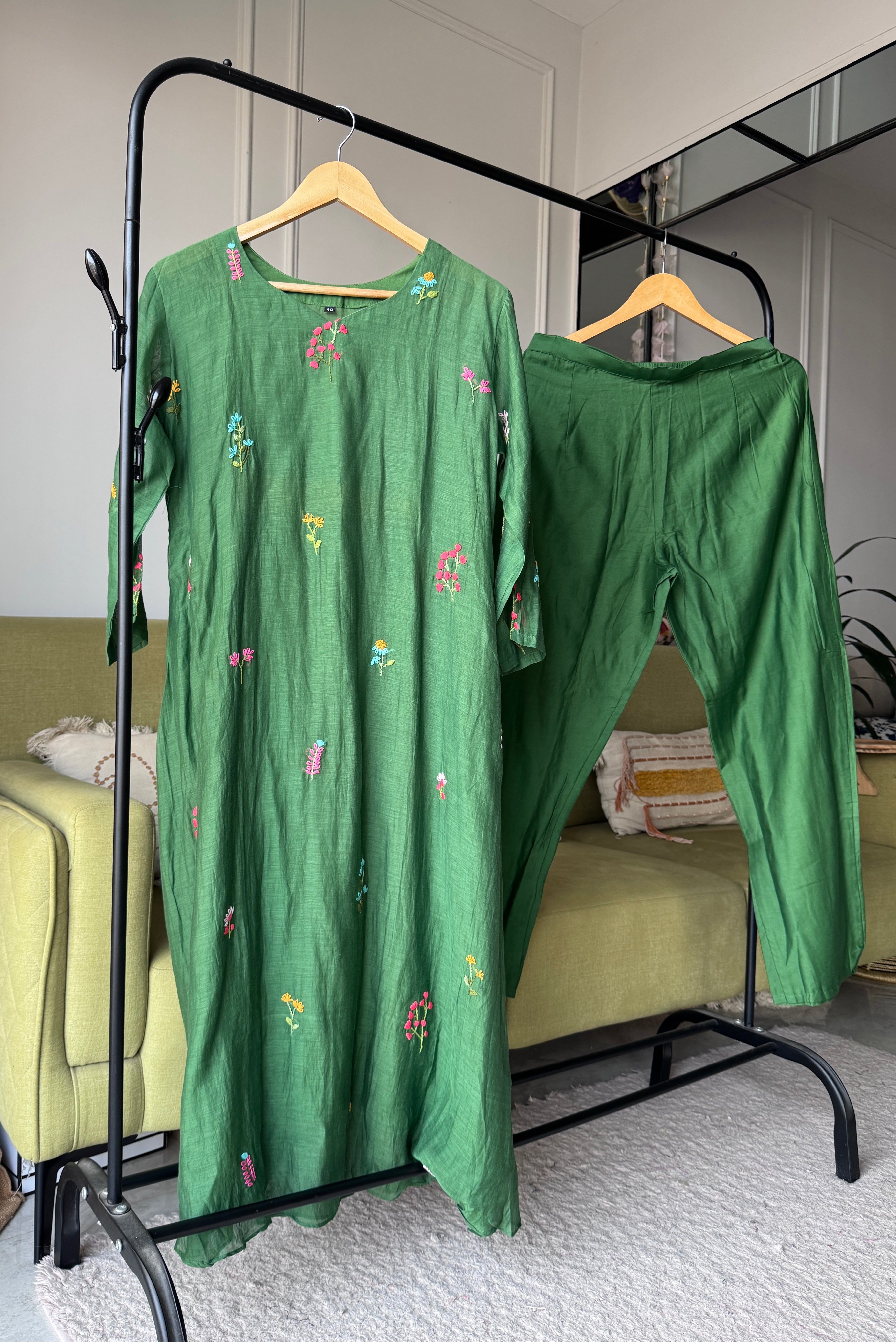 Siya Floral Embroided Mul Chanderi Dress- Green