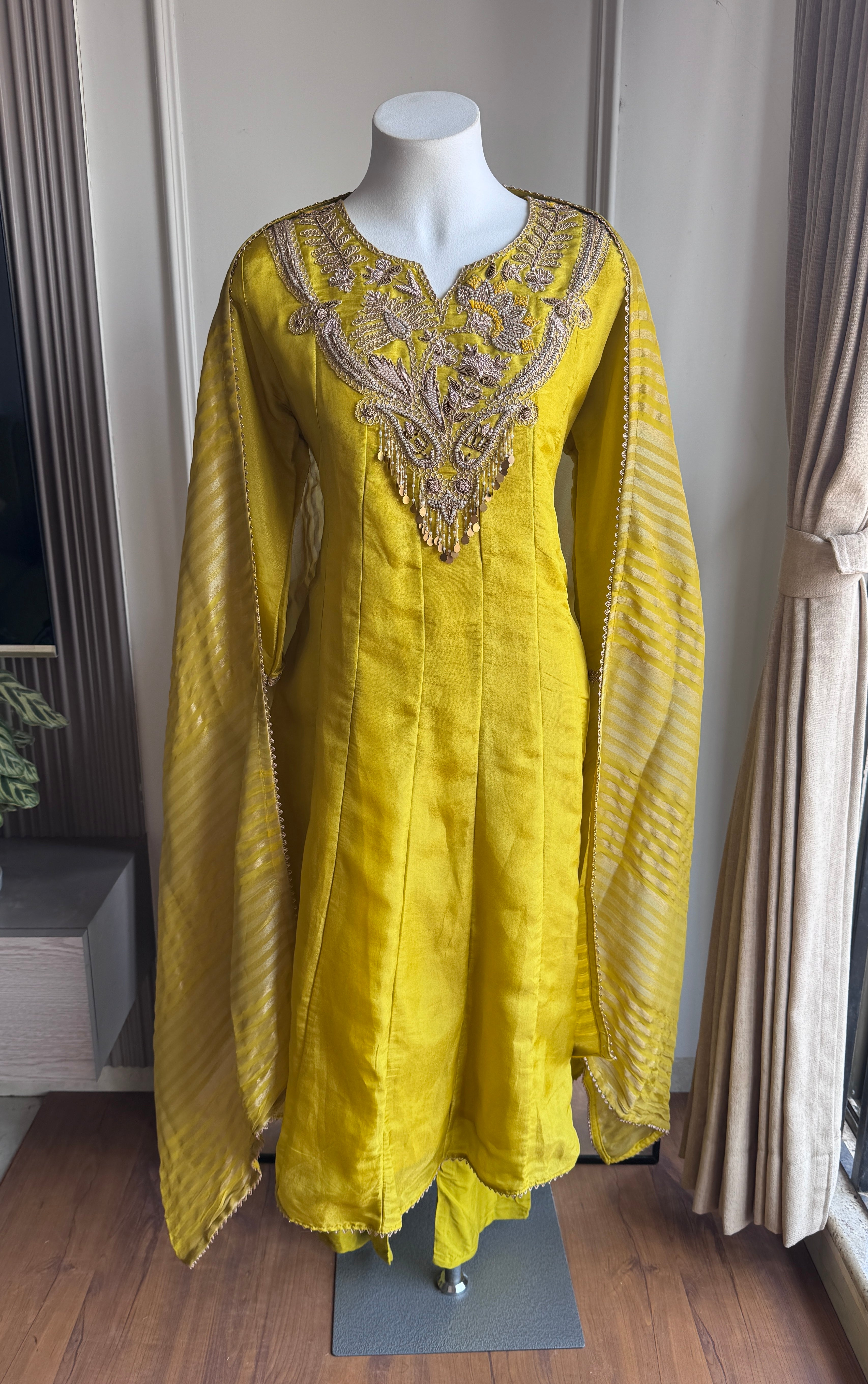 Ruhani Handwork Tissue Anarkali  Dress -Yellow
