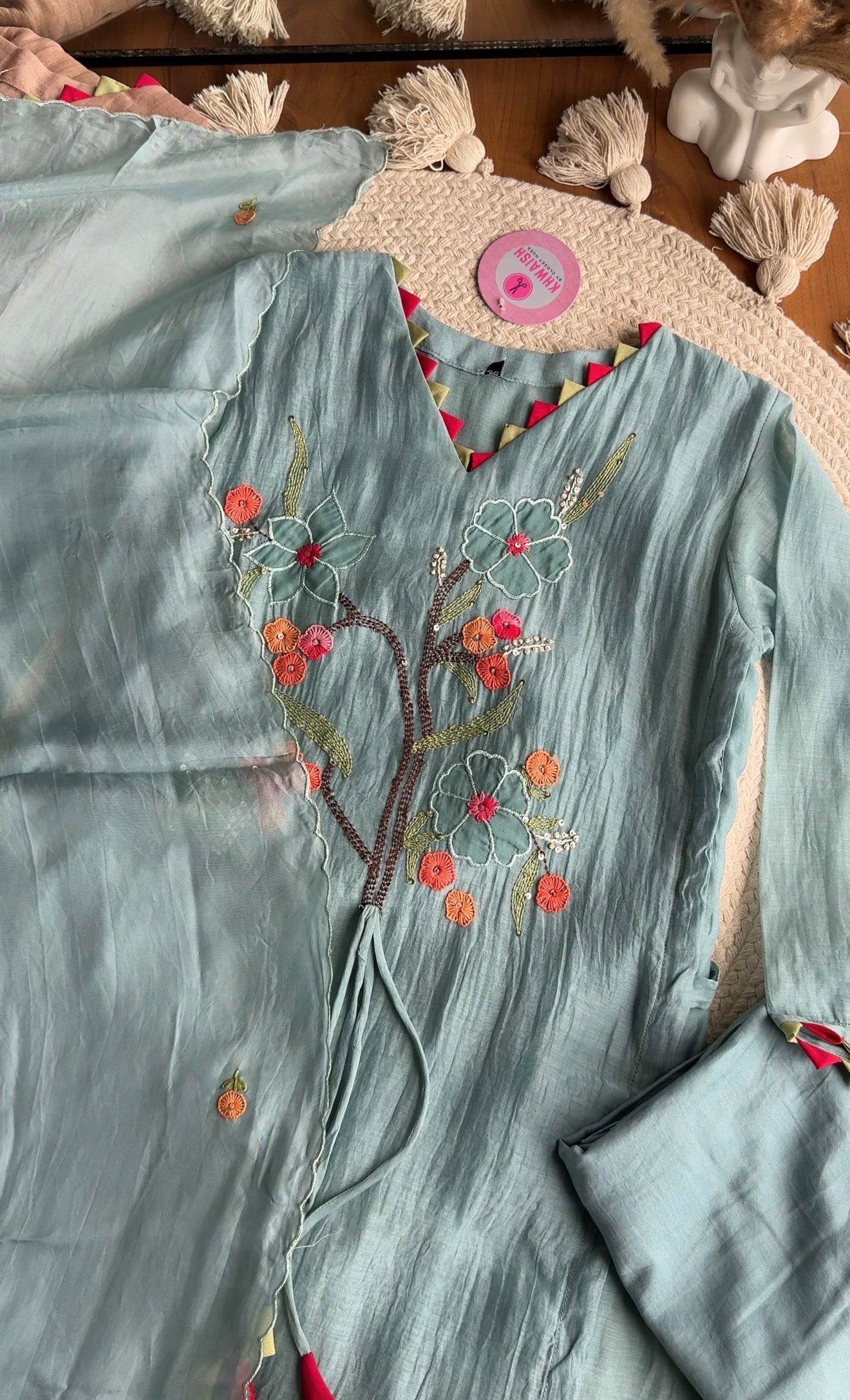 Riddhi Floral Embroidered Mul Chanderi Dress- Blue
