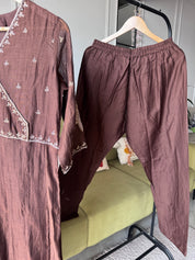 Kiran Handwork Mul Chanderi Anarkali Dress- Brown