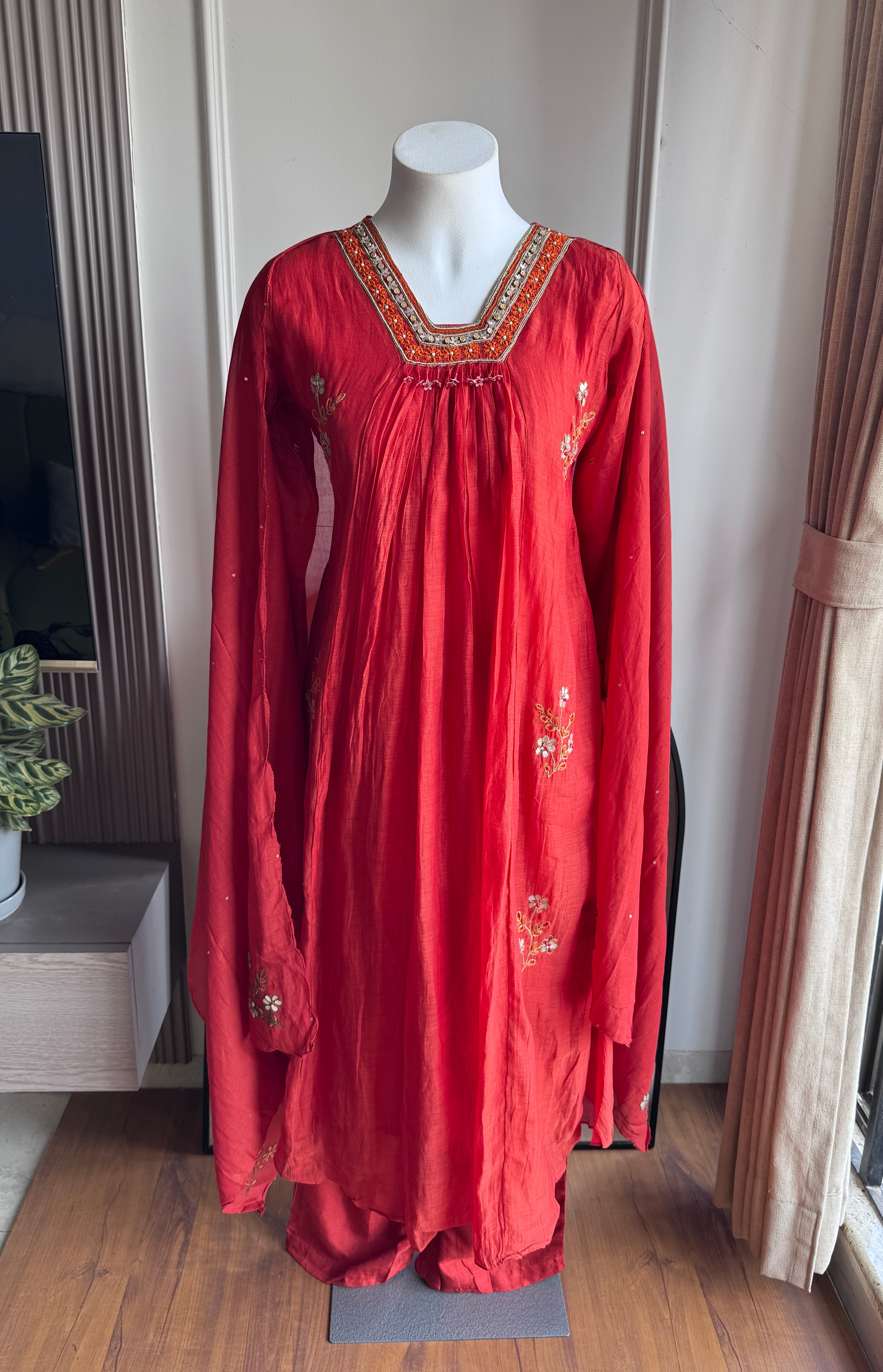 Nishtha Handwork Mul Chanderi Aline Dress- Rust