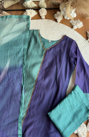 Meher Half An Half Mul Chanderi Dress- Coral Blue With Purple
