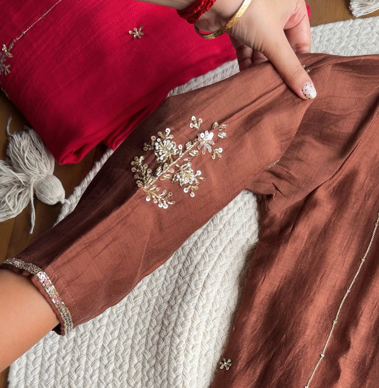 Akshara Hand Work Aline Dress- Brown