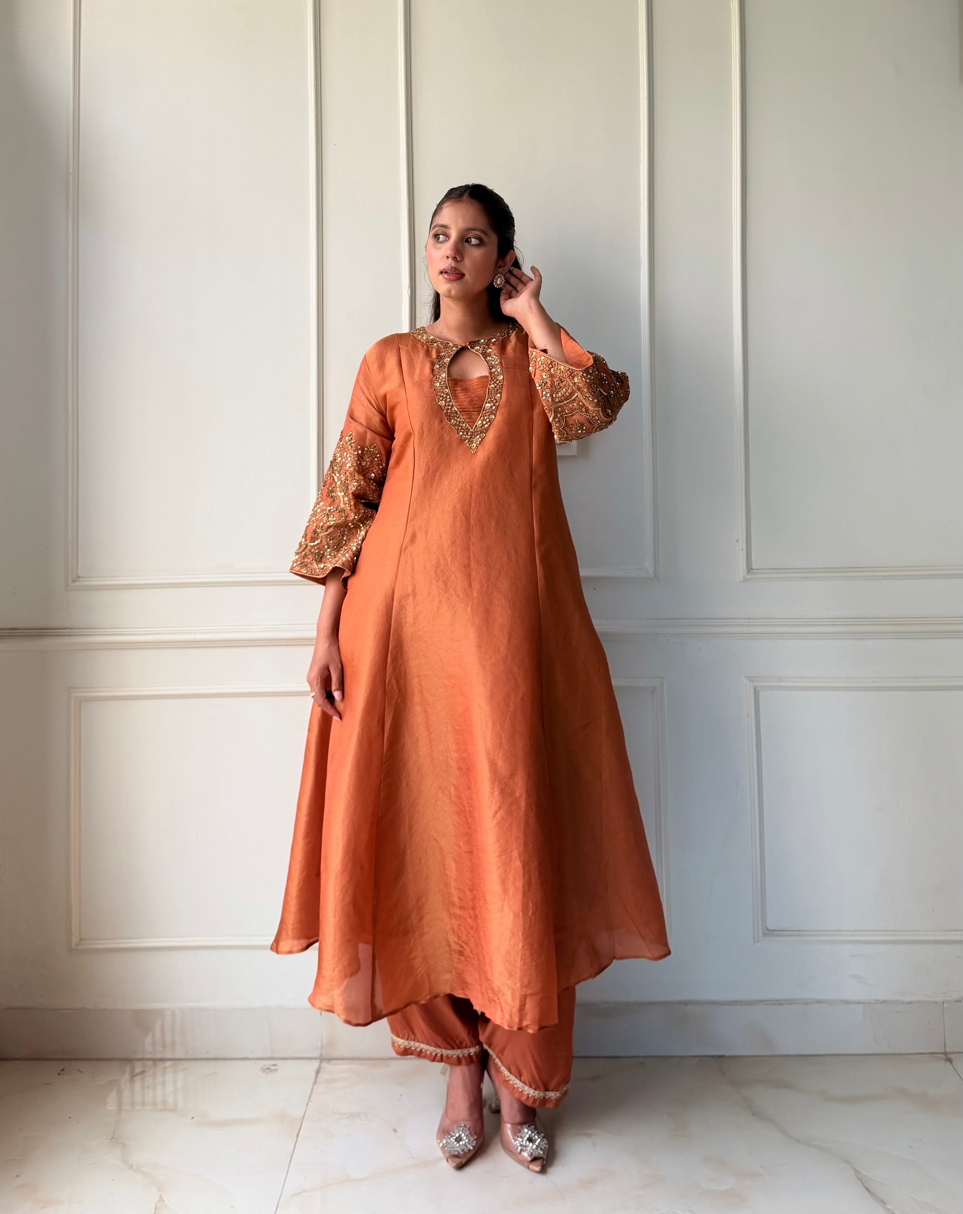 Kinjal Heavy Hand Zardosi Dress- Orange