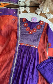 Saili Contrast Panel Mul Chanderi Dress-Purple With Rust