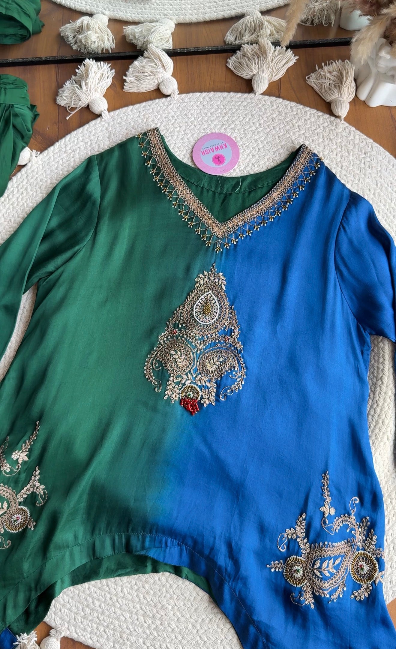 Radhika Hand Zardoshi Short Kurta With Dhoti Skirt- Blue with Green