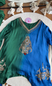 Radhika Hand Zardoshi Short Kurta With Dhoti Skirt- Blue with Green