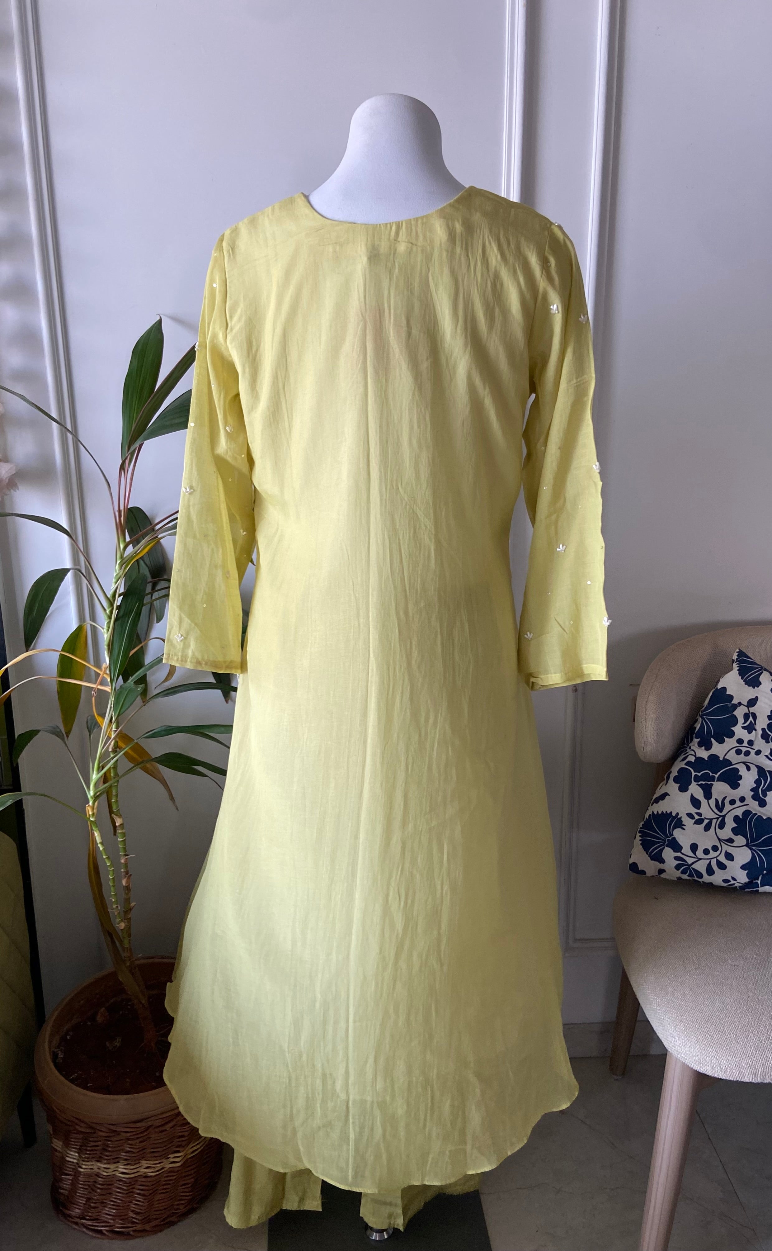 Fatima hand work dual tone dress- lemon yellow and white