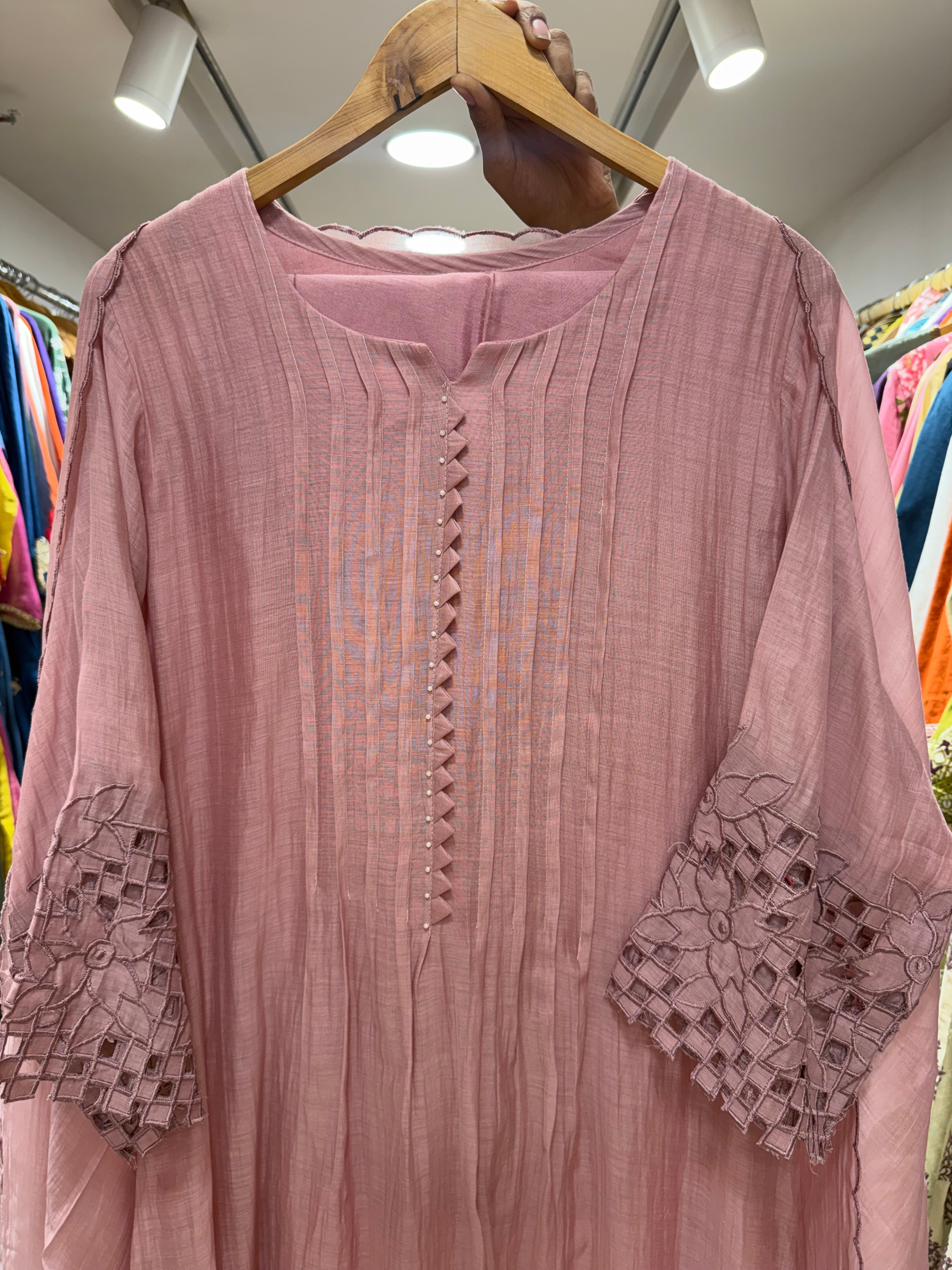 Eshika Mul Chanderi Cut Work Dress- Dusty Pink