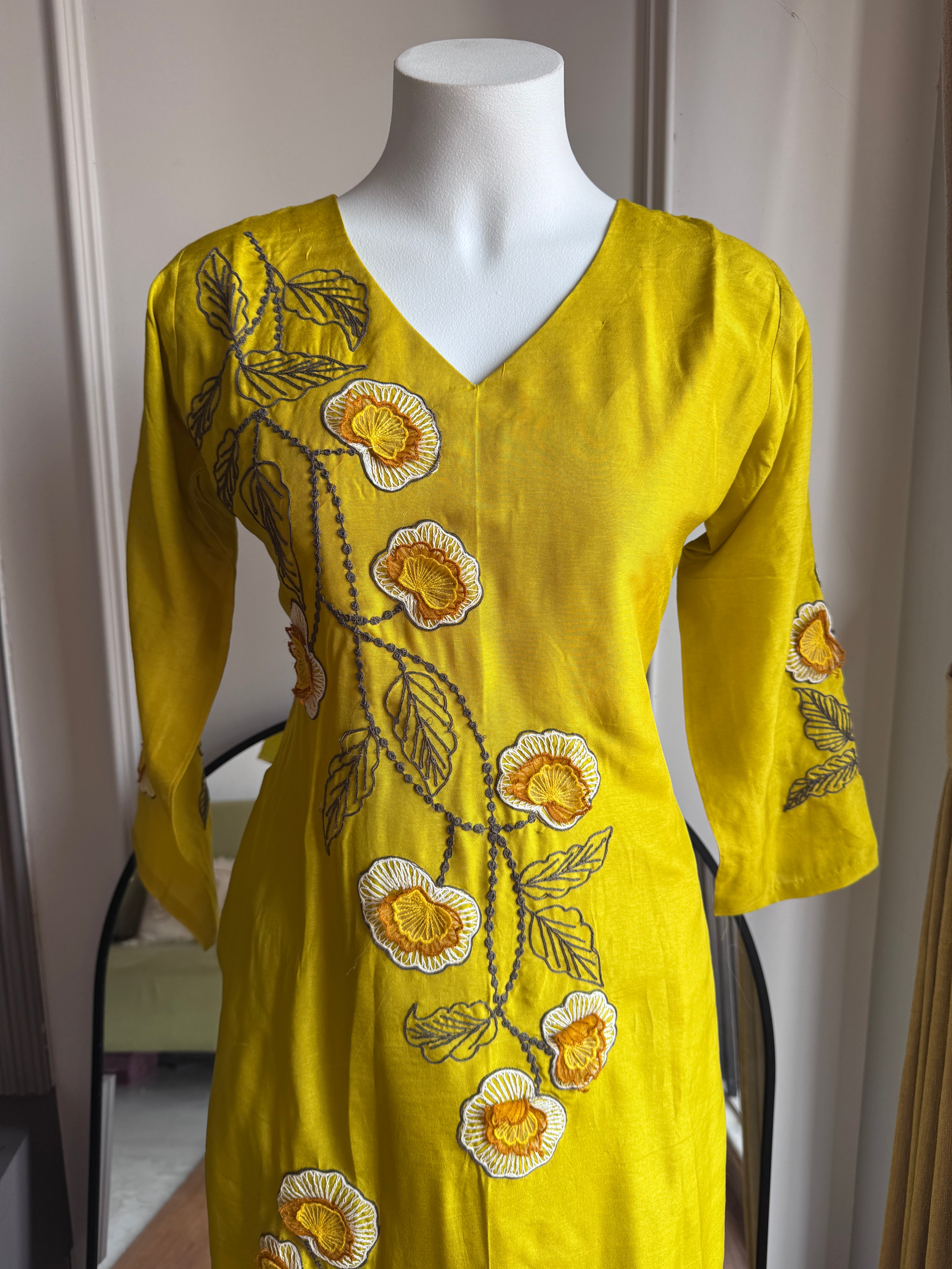 Grishma Embroided Dress- Lemon Yellow