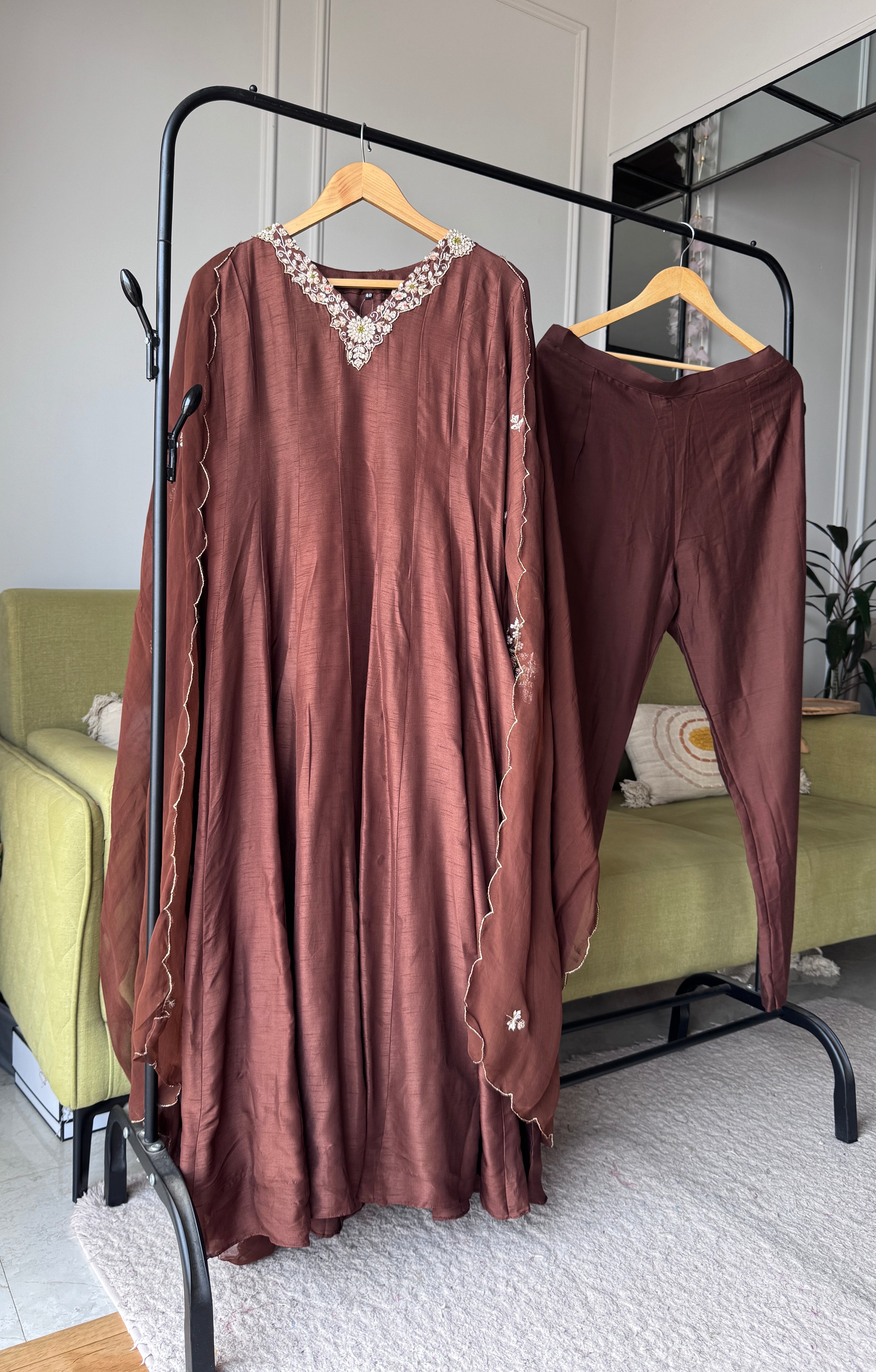 Kajal Handwork Mul Chanderi Anarkali Dress- Brown