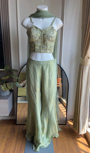 Swara Mirror Work Corset With Fish Cut Plazzo Coord Set- Pastel Green
