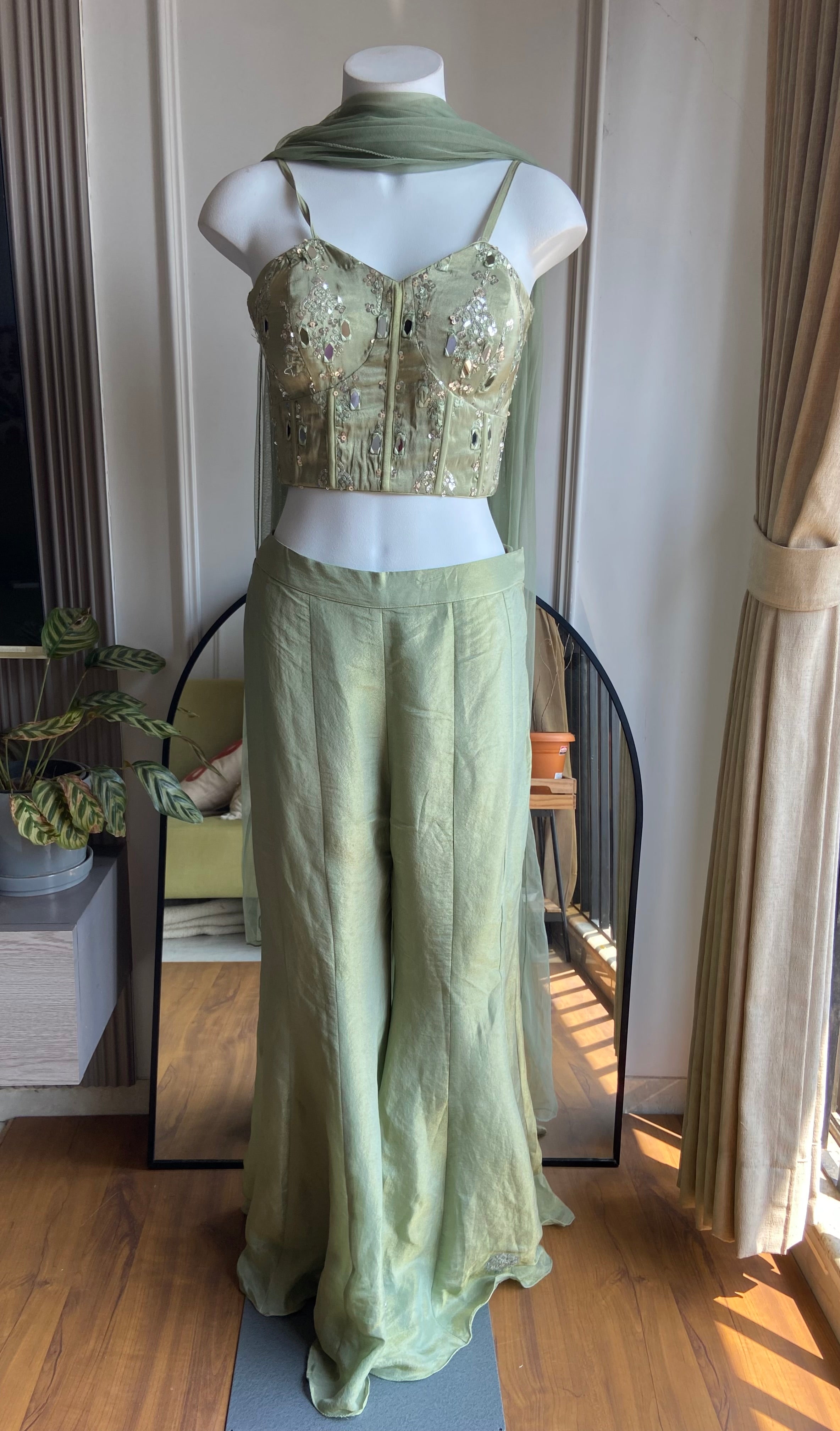 Swara Mirror Work Corset With Fish Cut Plazzo Coord Set- Pastel Green