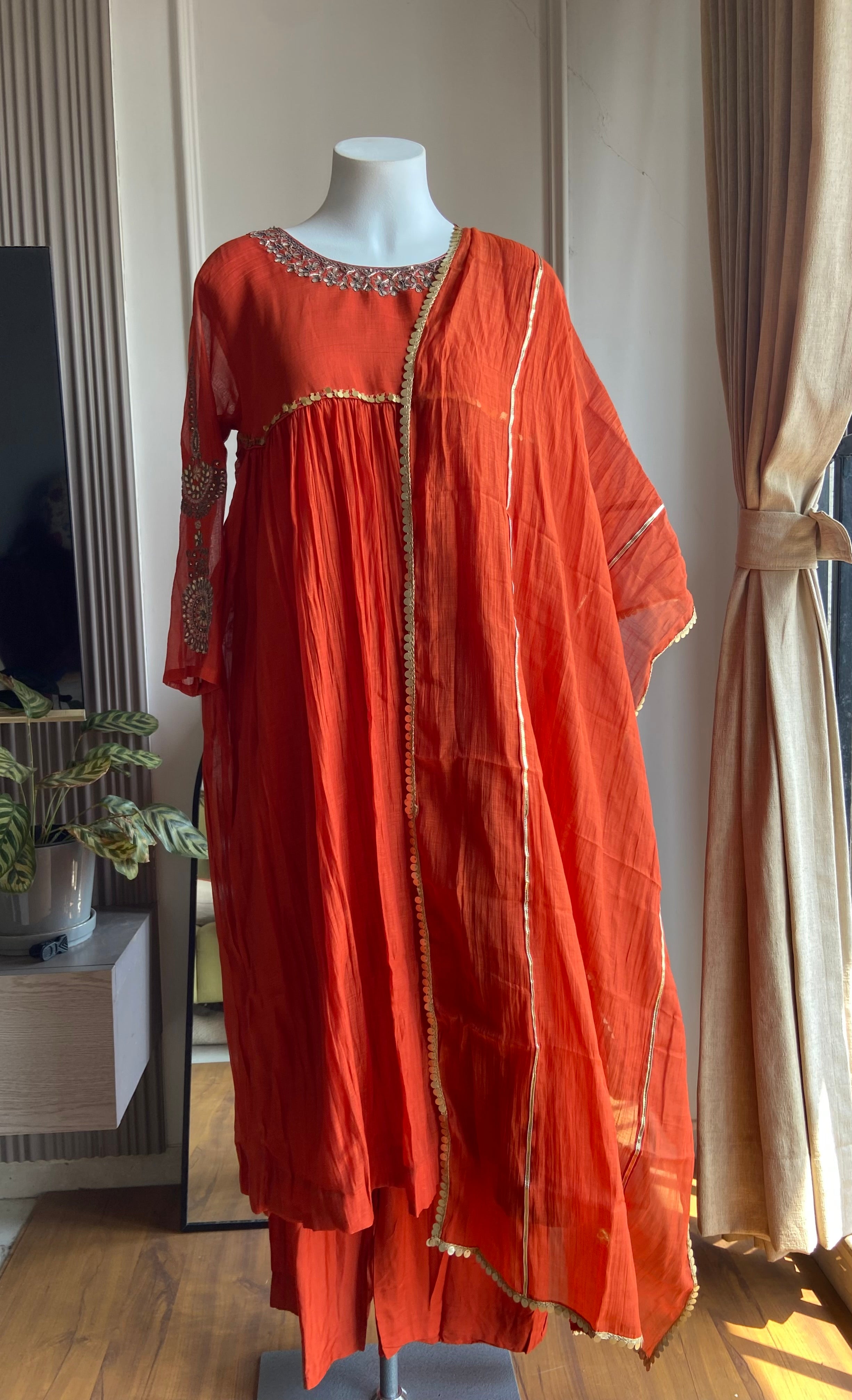 Reshma Handwork Round Neck Dress-Orange